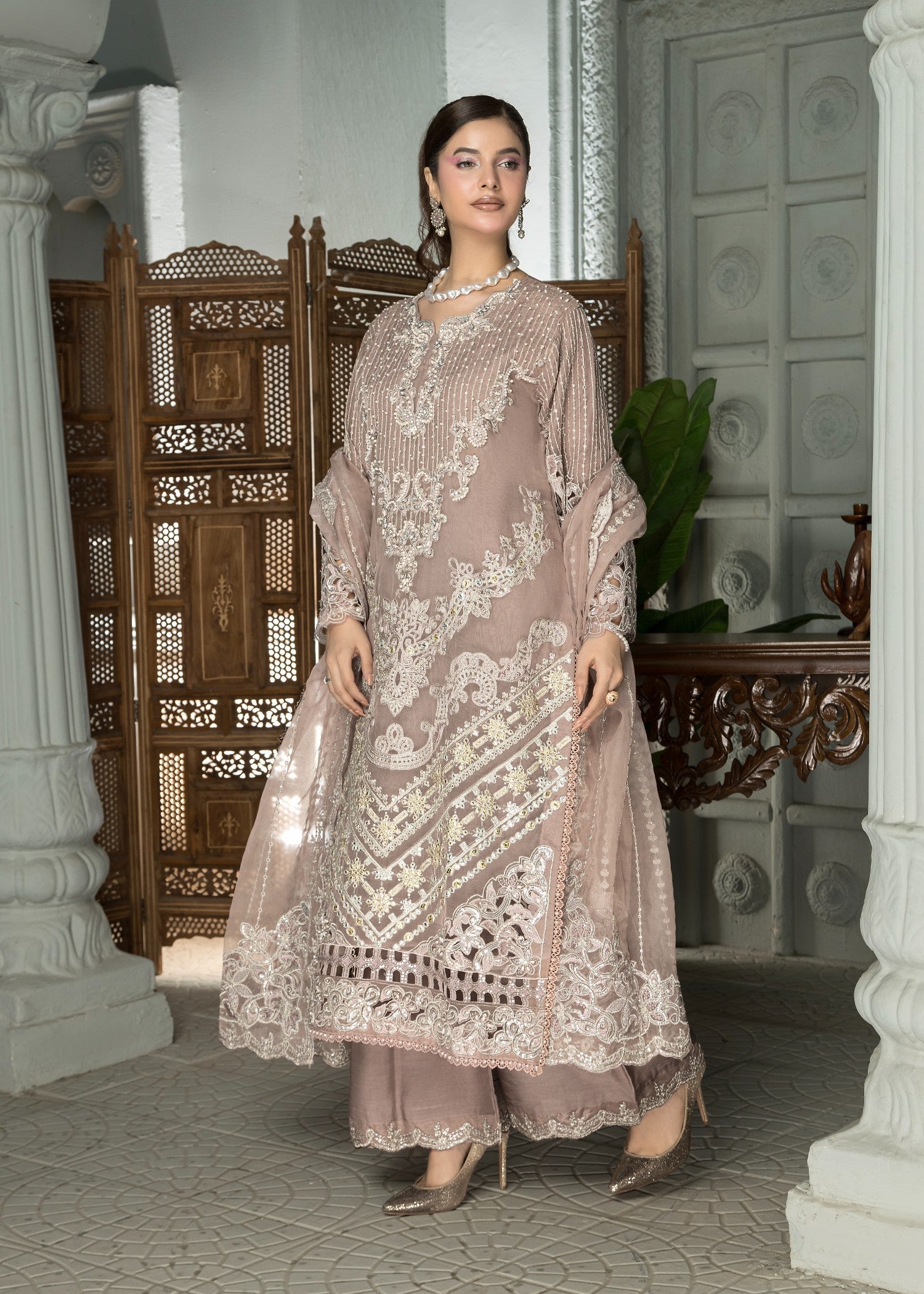 organza Kurta Set in Mauve