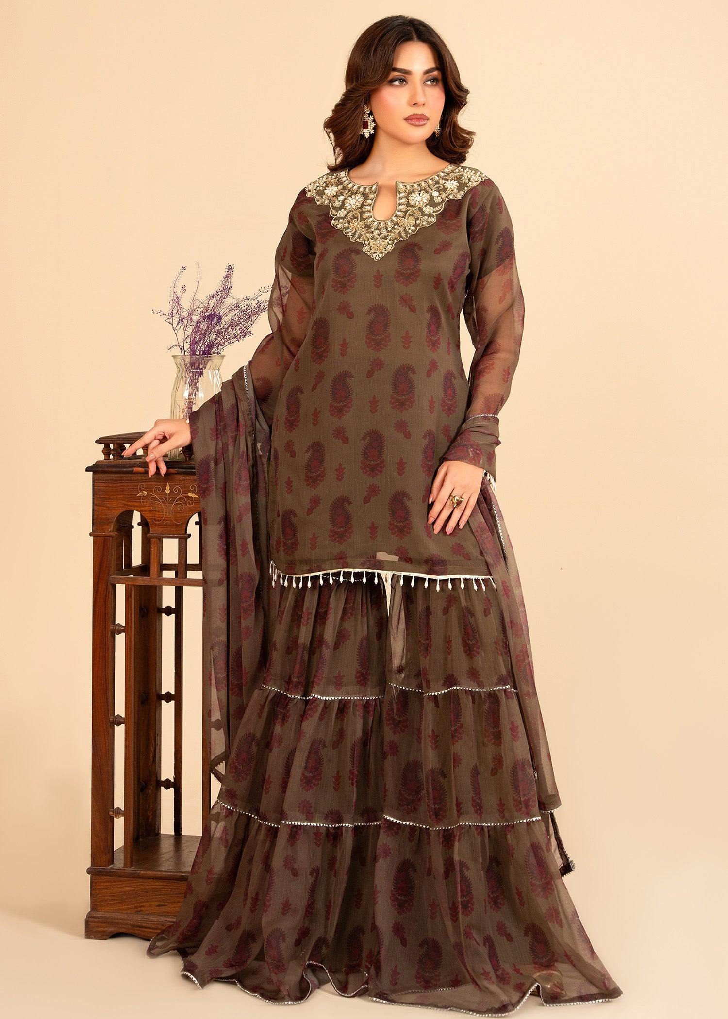 bemberg crinkle chiffon Gharara in Brown