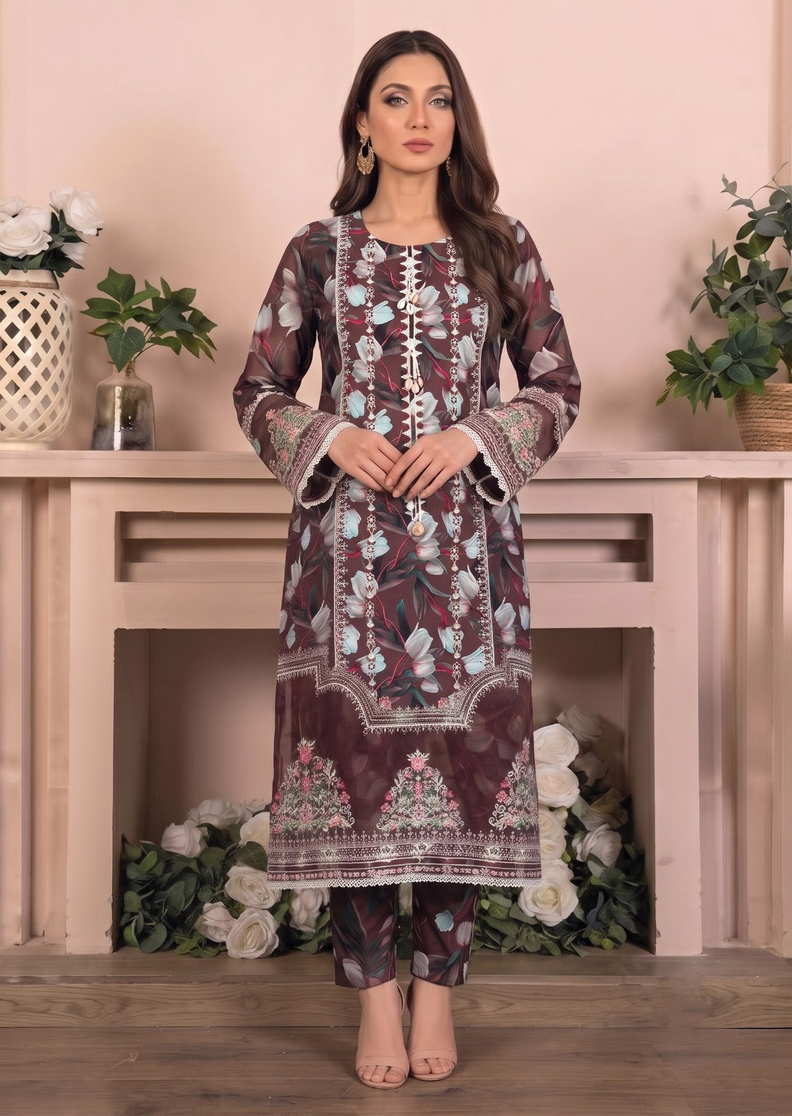 lawn cotton Kurta Set in Wine