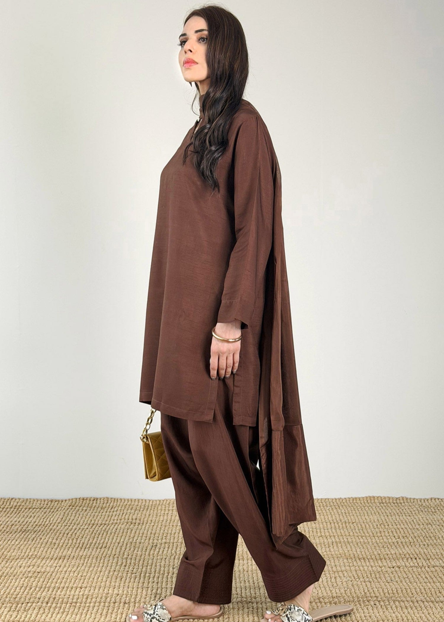 korean raw silk Kurta Set in Dark brown