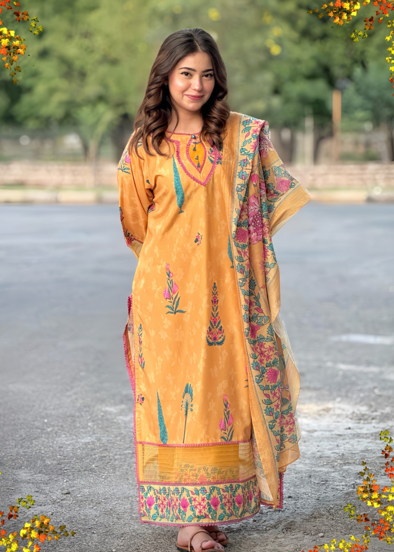 poly lawn Kurta Set in Multi, mellow yellow