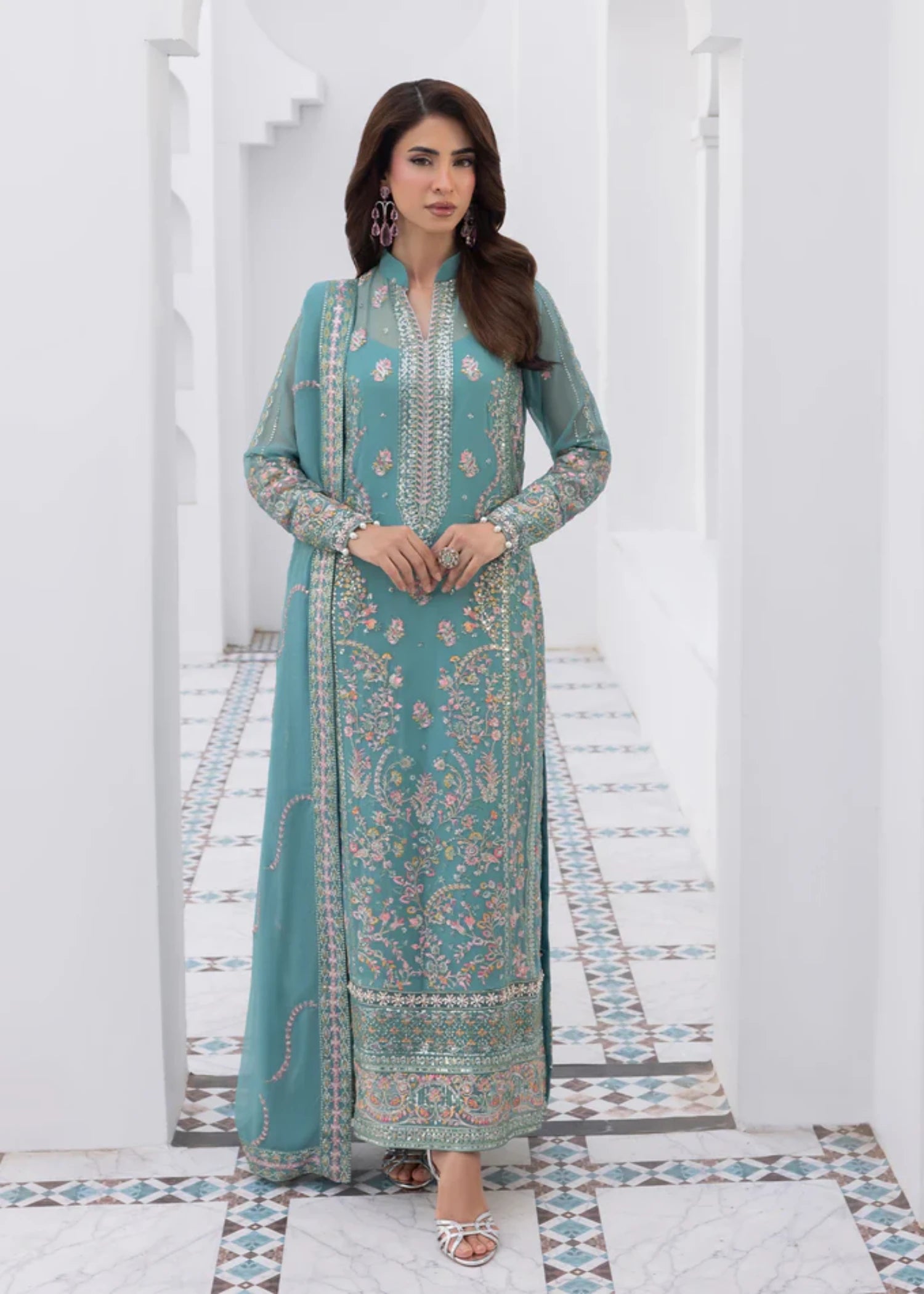 chiffon Kurta Set in Ice blue