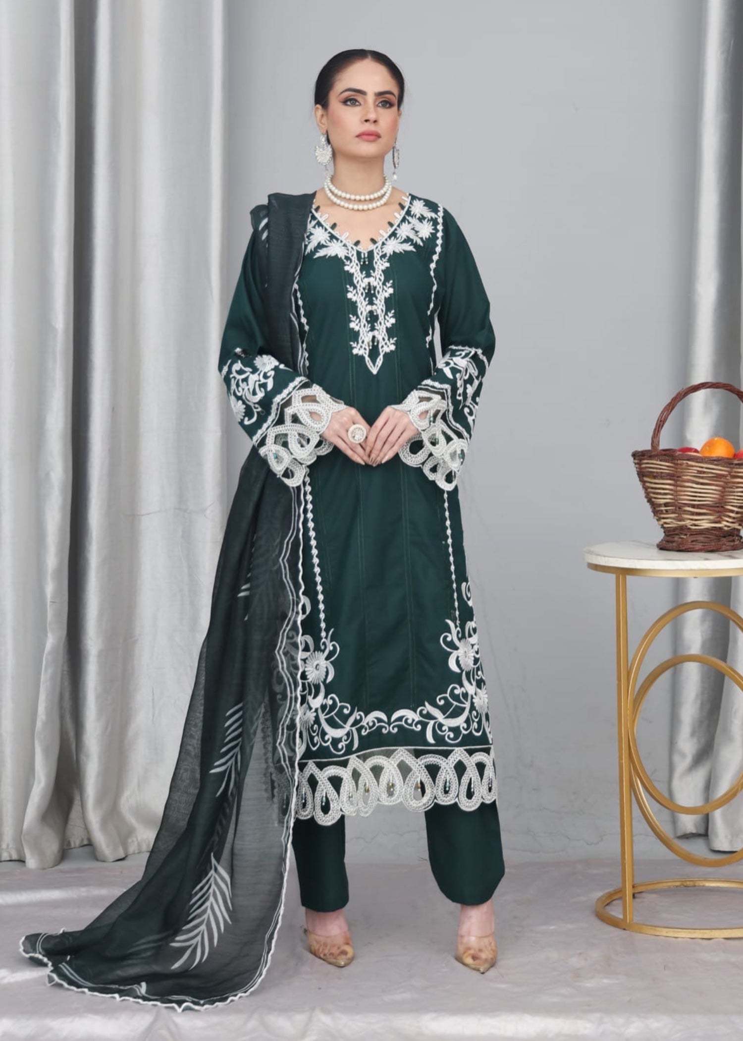 cotton krandi Kurta Set in Bottle green