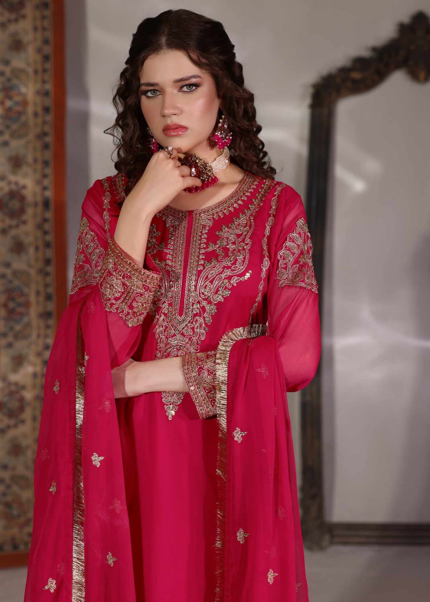 pk chiffon Kurta Set in Hot pink