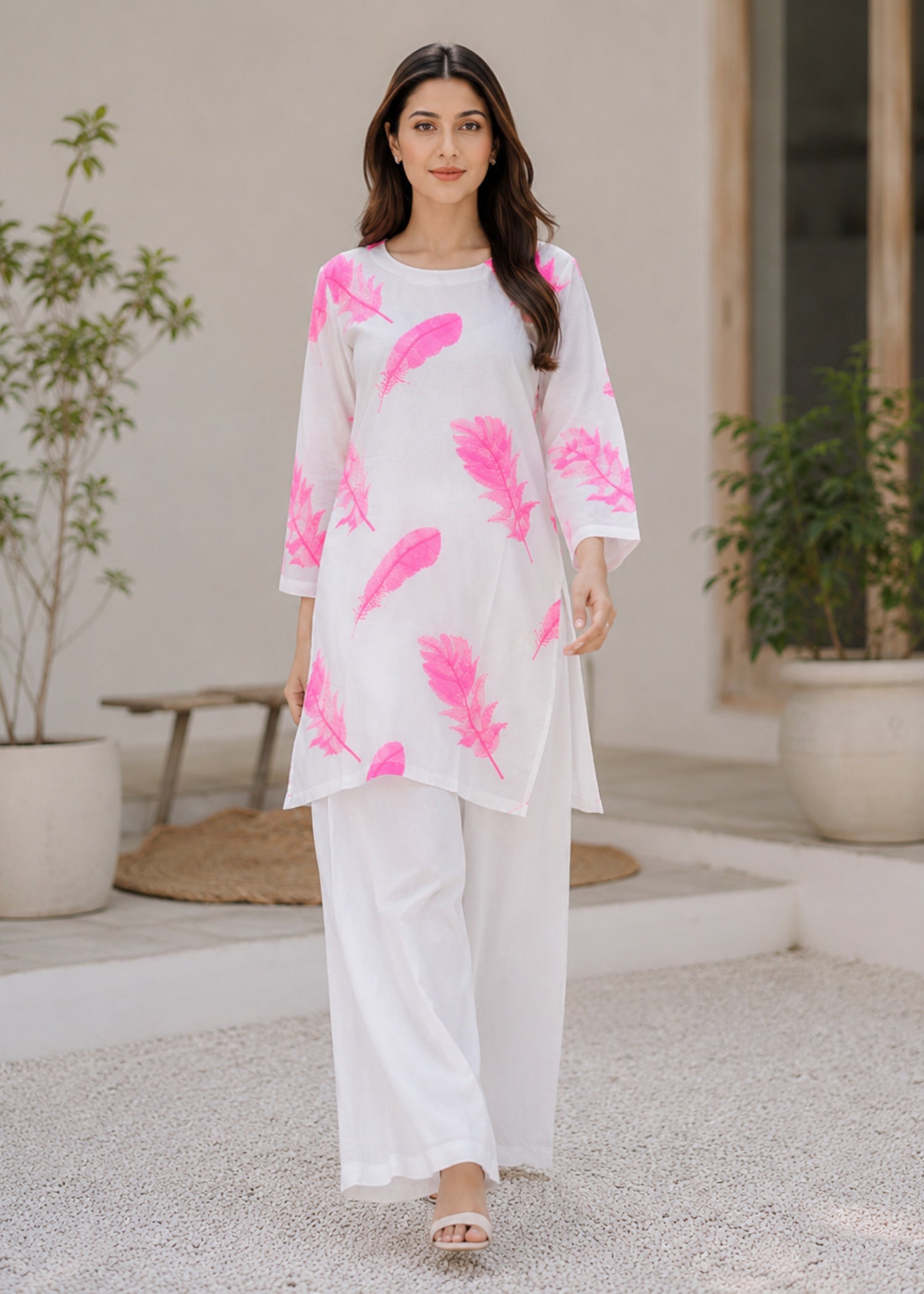 cotton Kurta Set in Shocking pink, off-white