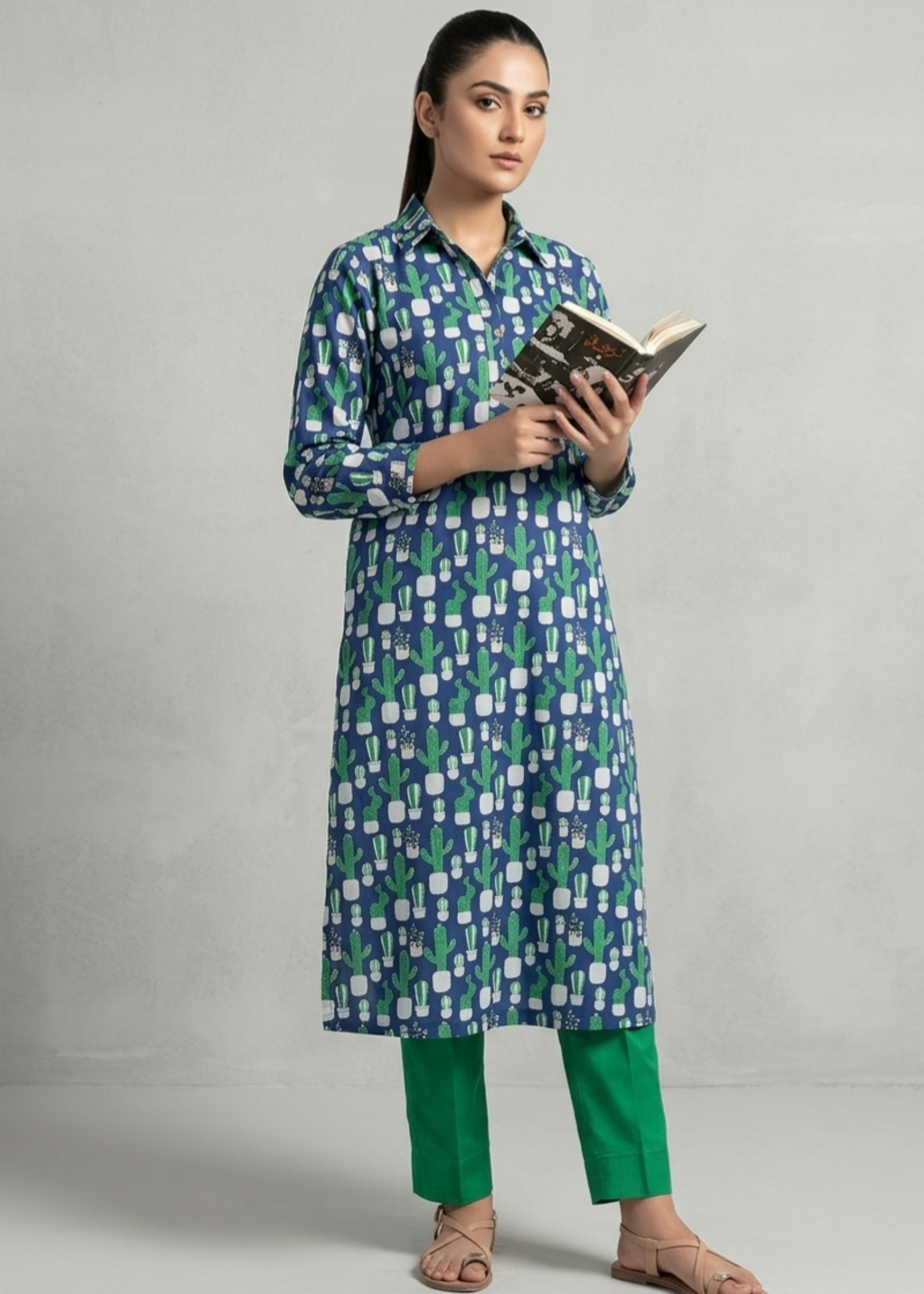 cambric Kurta Set in Blue, green