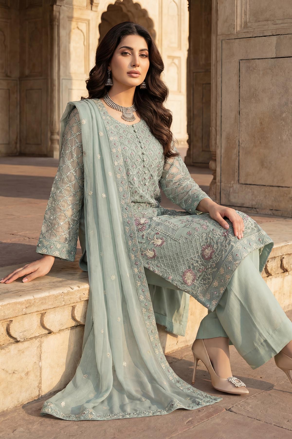 silk cotton net Kurta Set in Pastel green