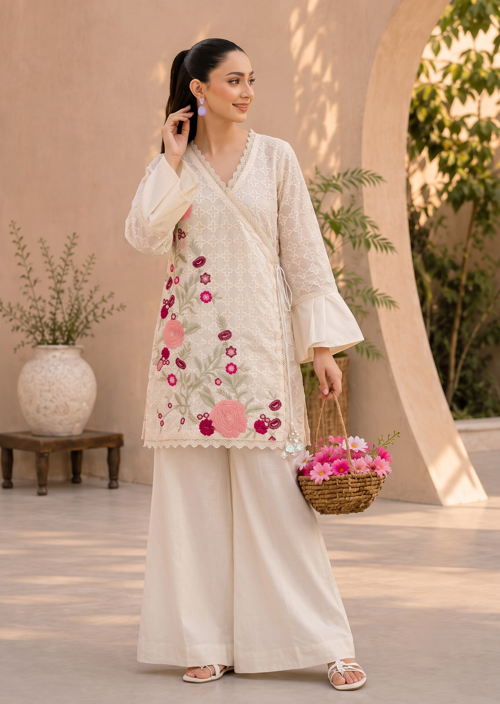 cotton crepe Angrakha in Ivory