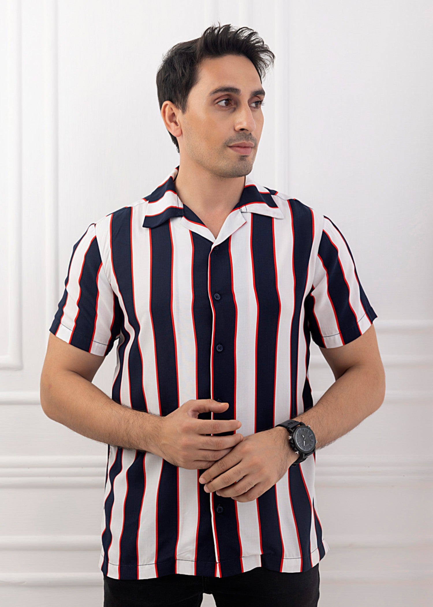 linen Casual Shirt in Black, white, red