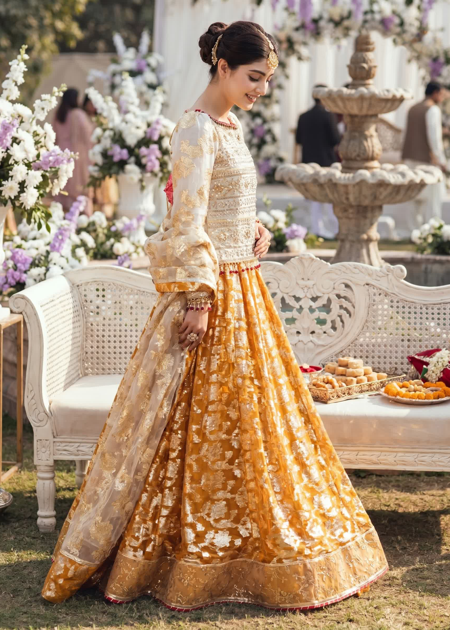 organza Lehenga in Beige, mustard