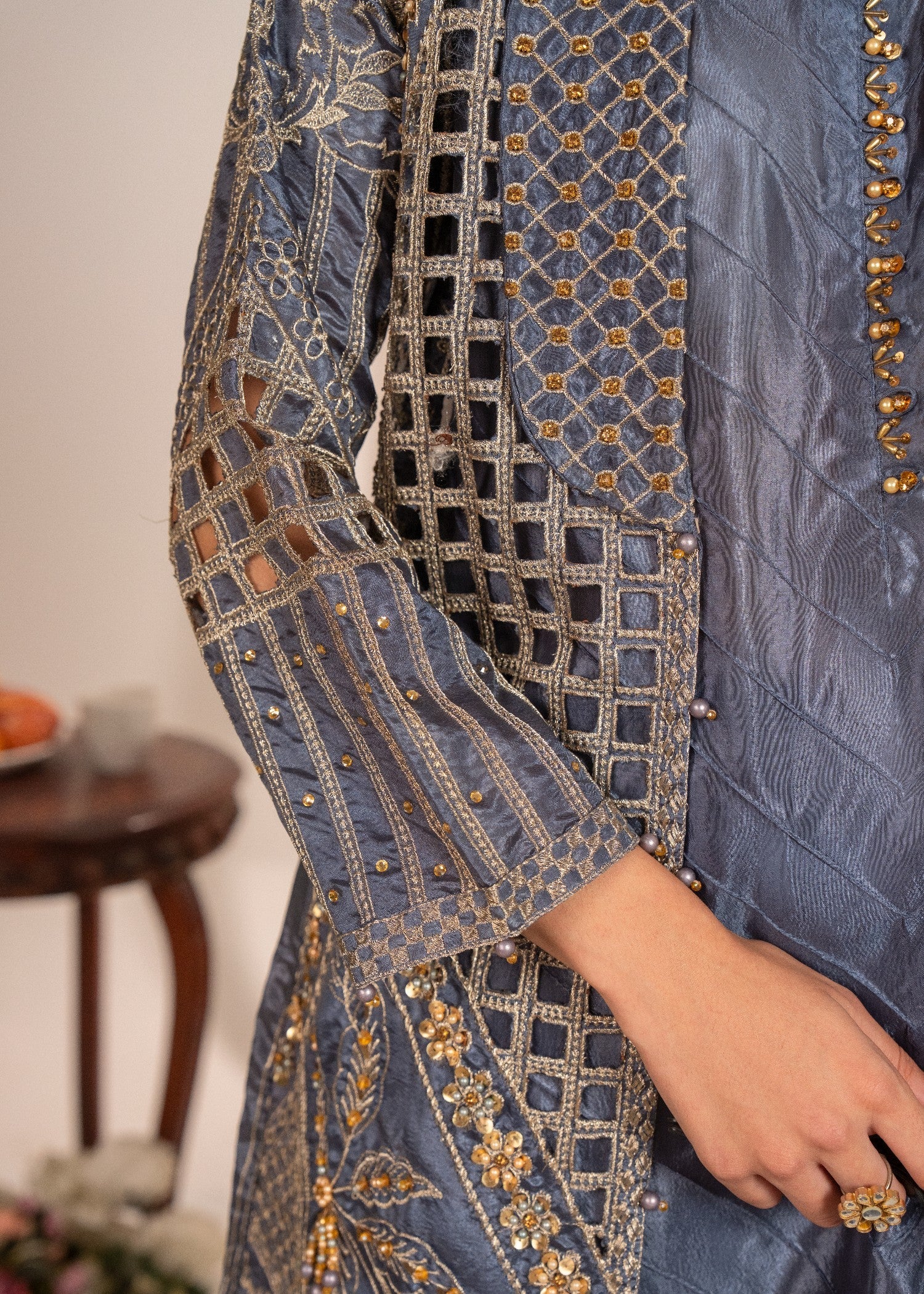 raw silk Gown in Slate grey