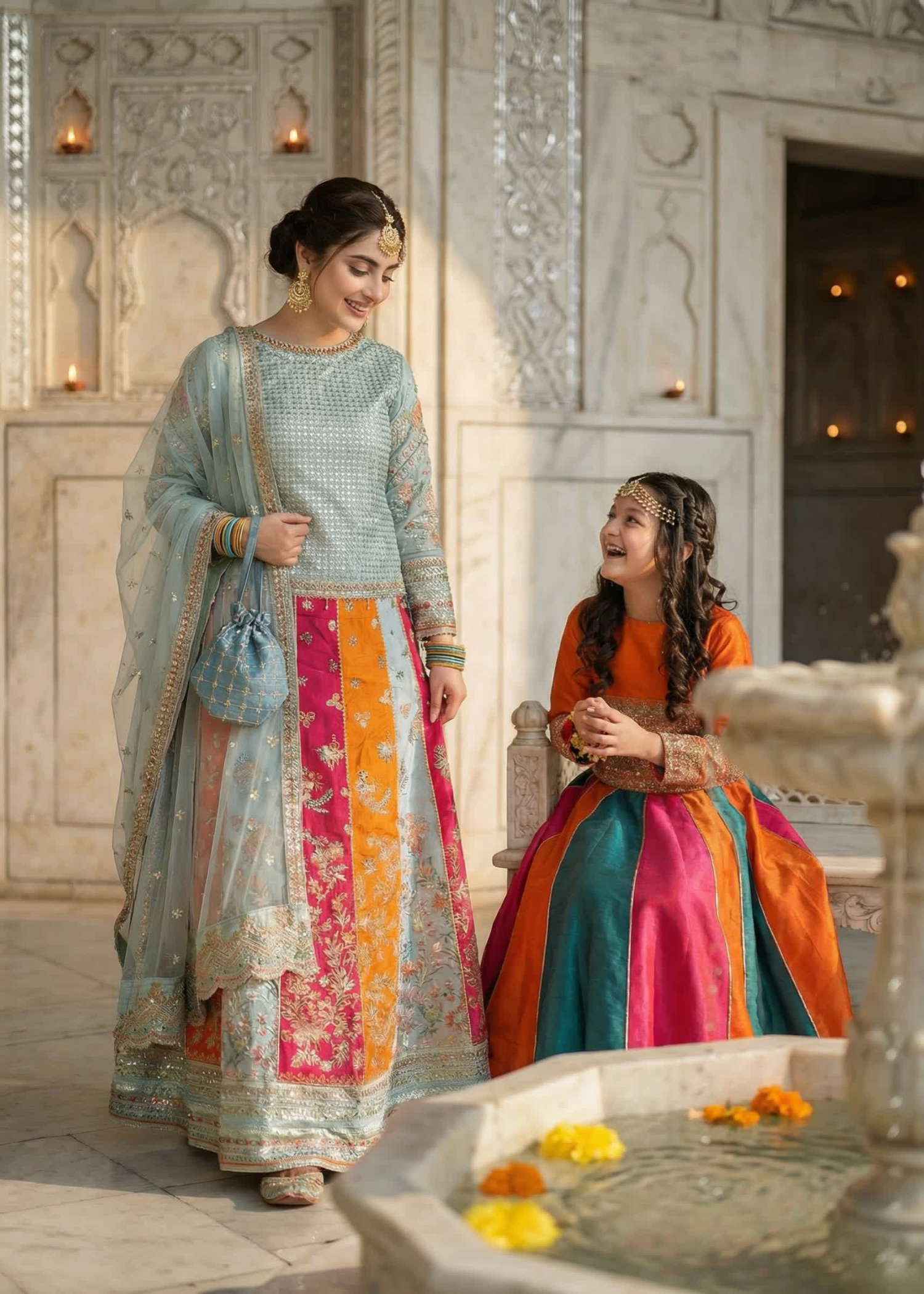 raw silk Lehenga in Ice blue, multi