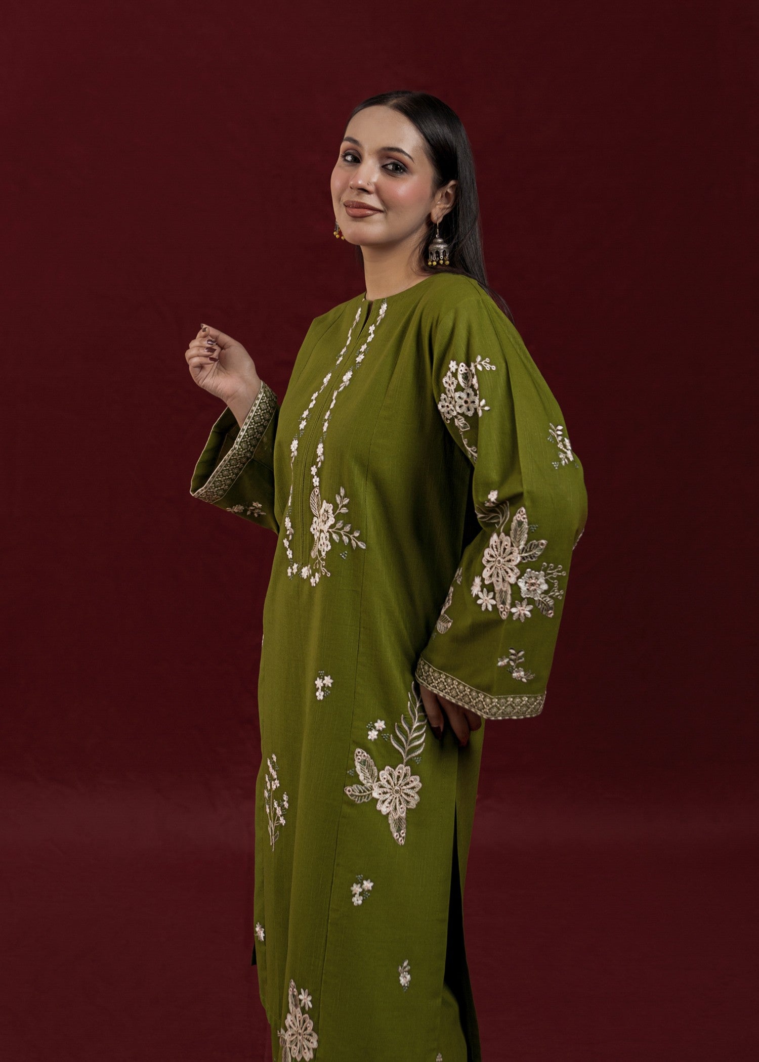 slub khaddar Kurta Set in Olive green