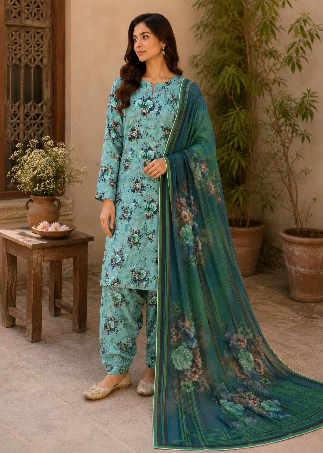 swiss lawn Unstitched in Turquoise