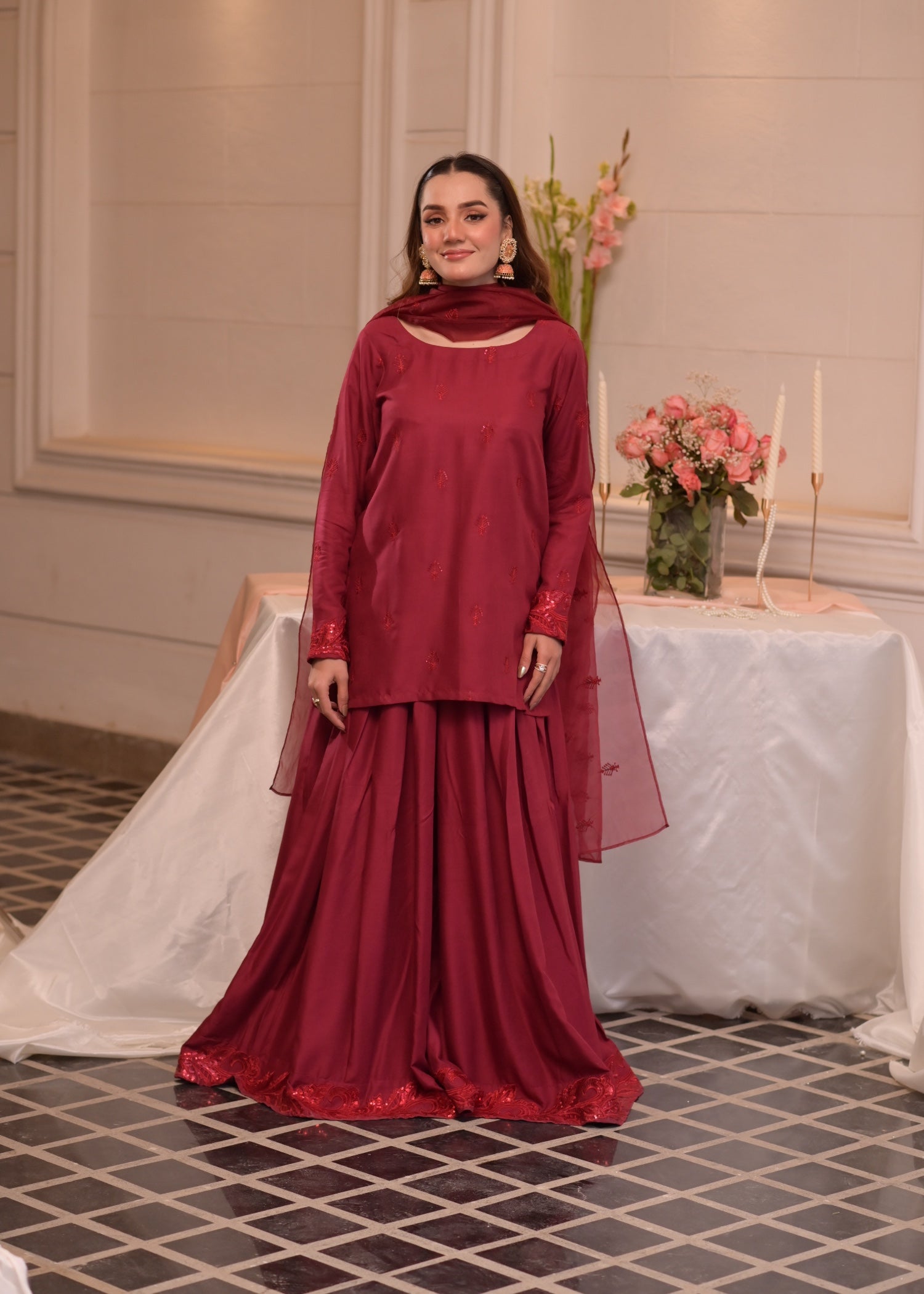 irish linen Sharara in Berry red