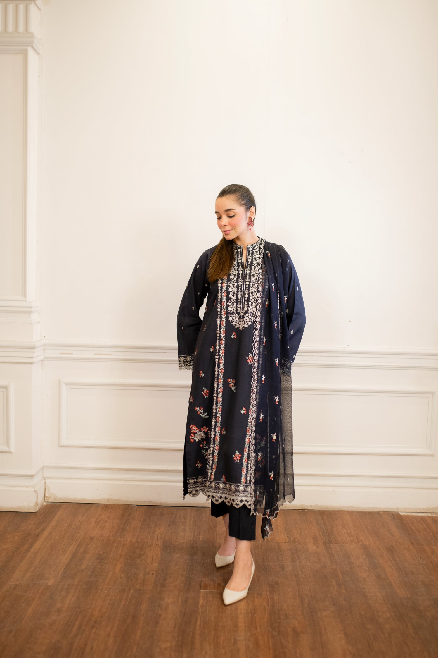 cotton net Kurta Set in Navy blue