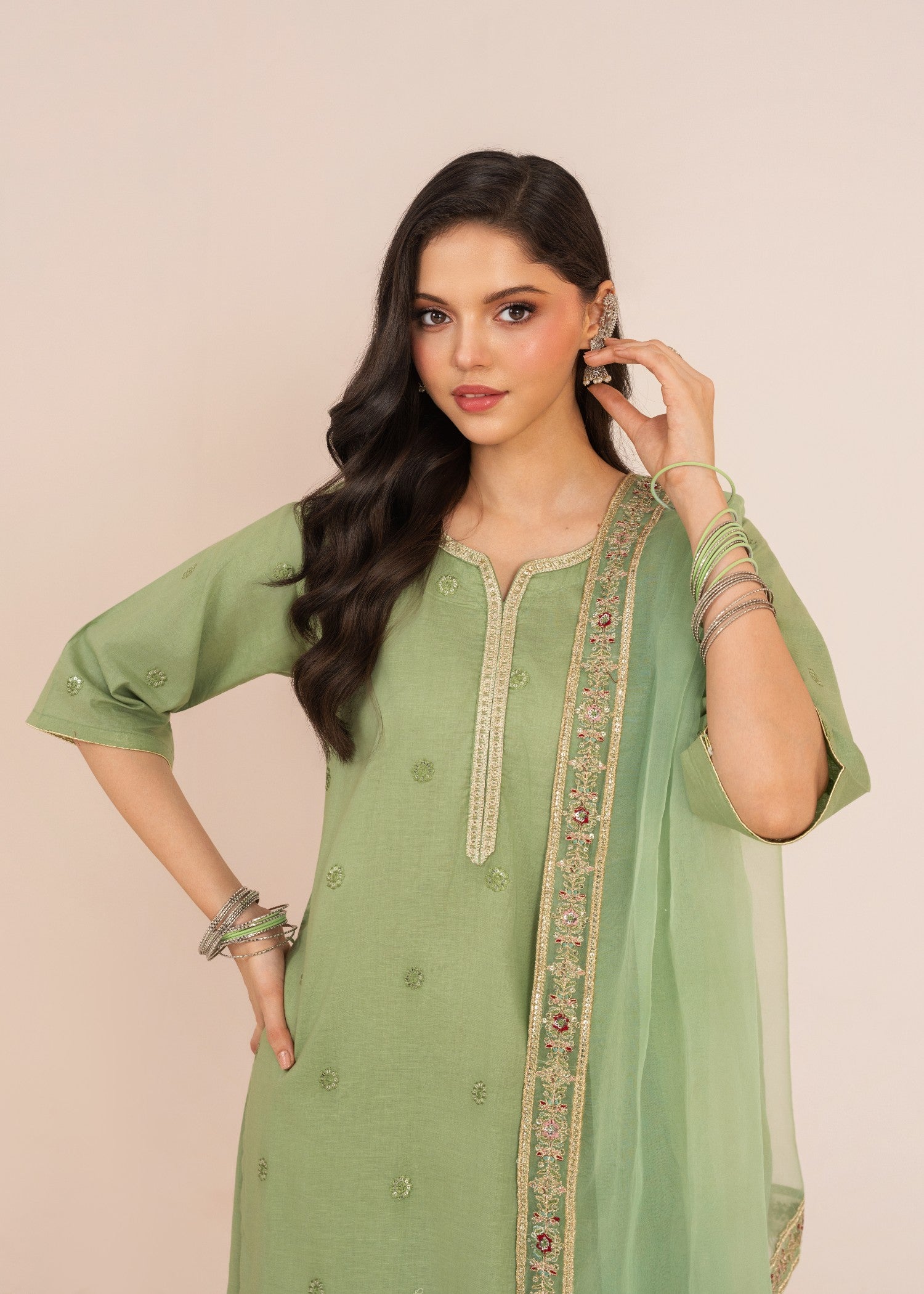 lawn Kurta Set in Pistachio green, gold