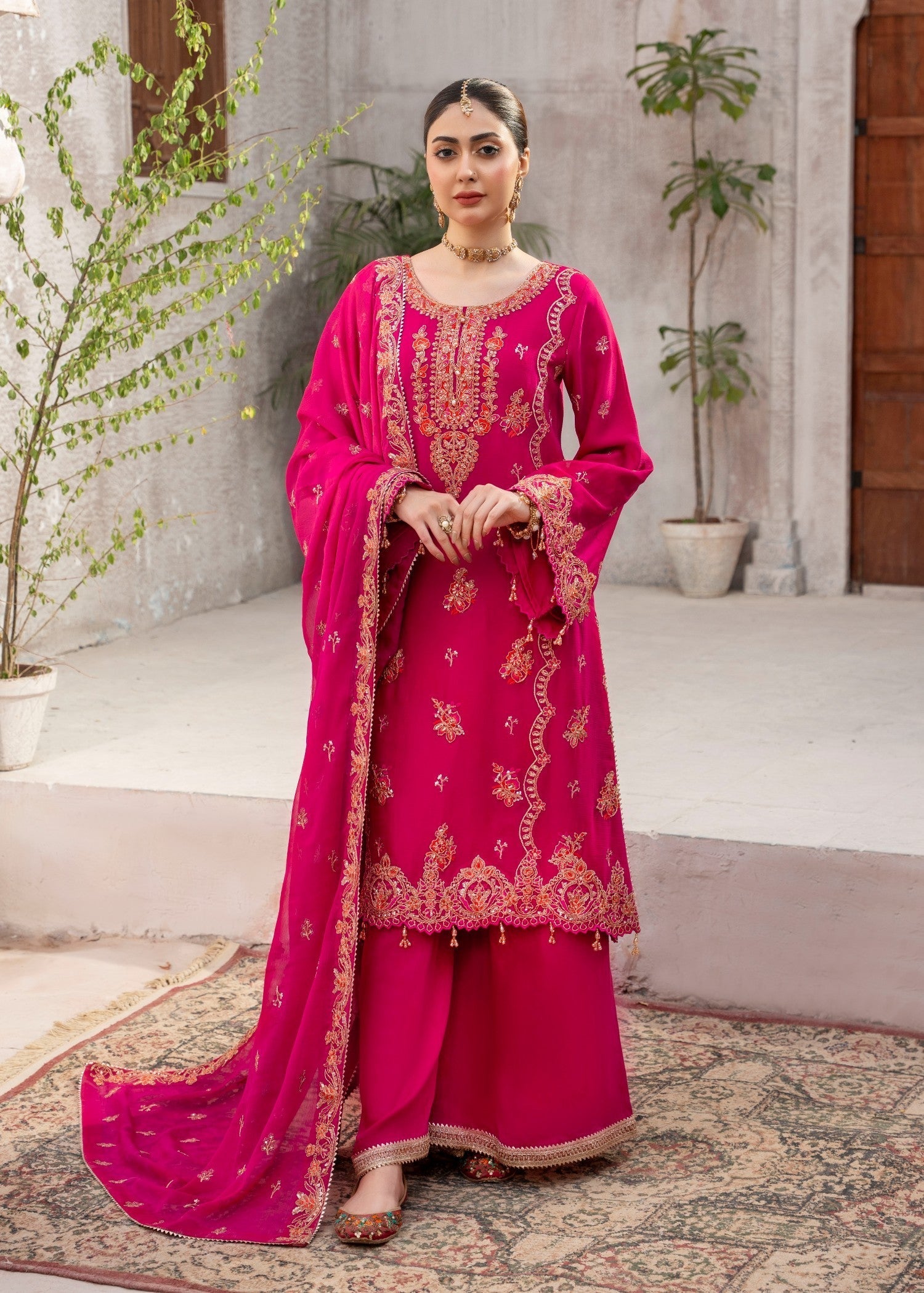 chiffon Kurta Set in Hot pink