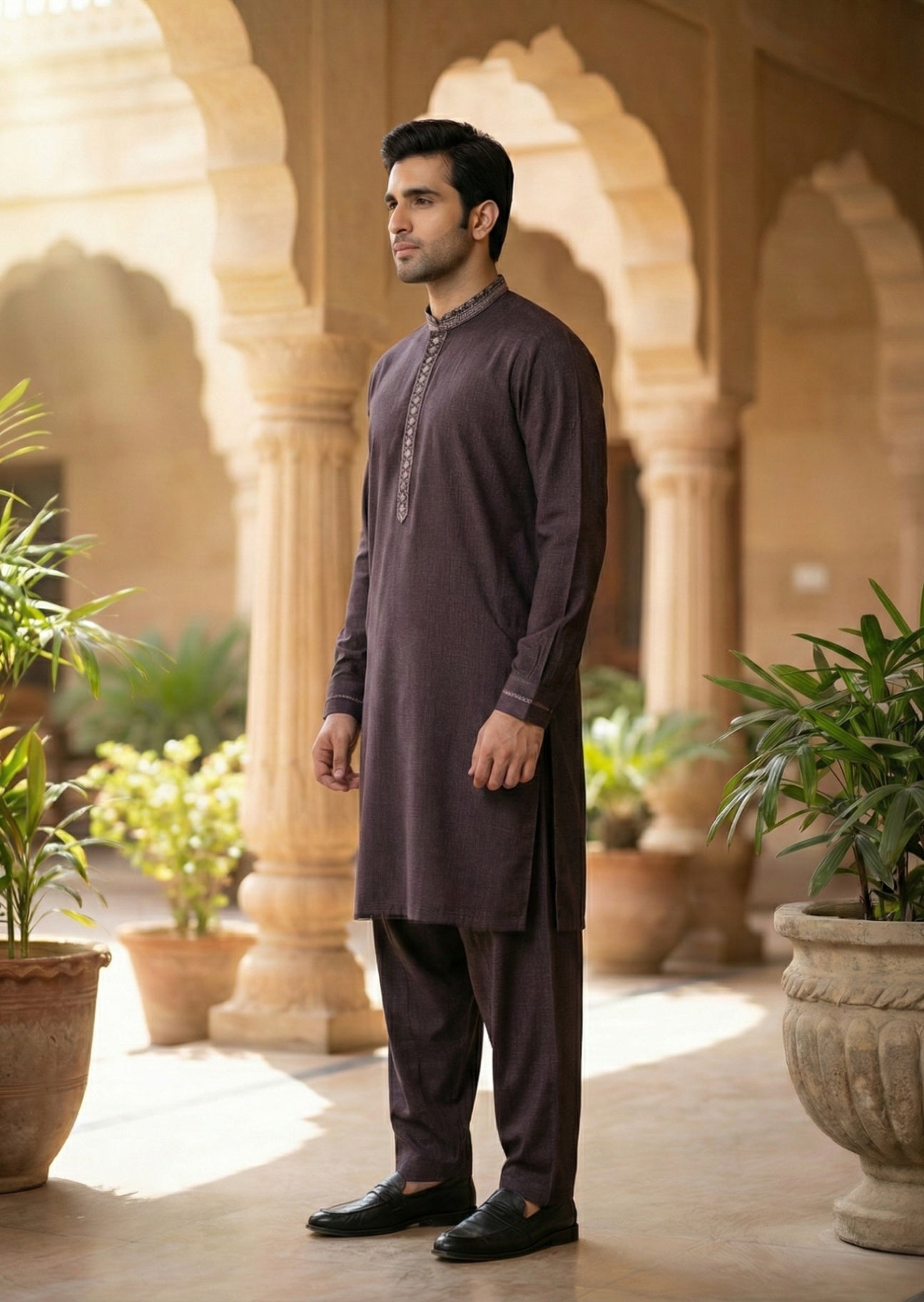textured wash & wear Shalwar Kameez in Brown