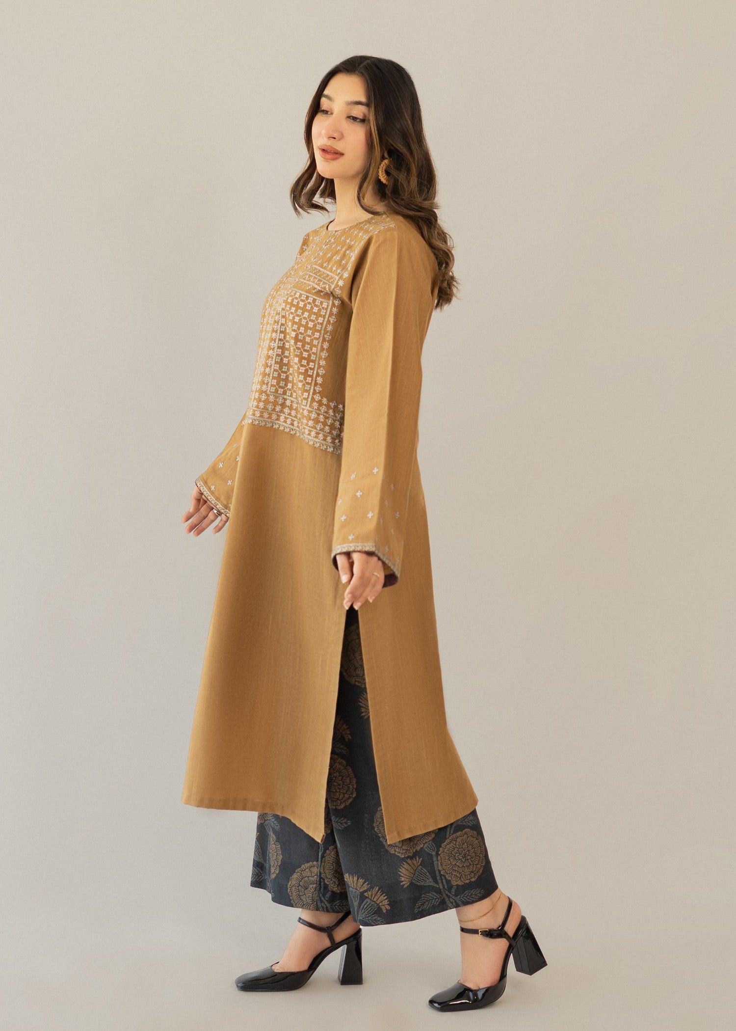 khaddar Kurta Set in Charcoal black, camel brown
