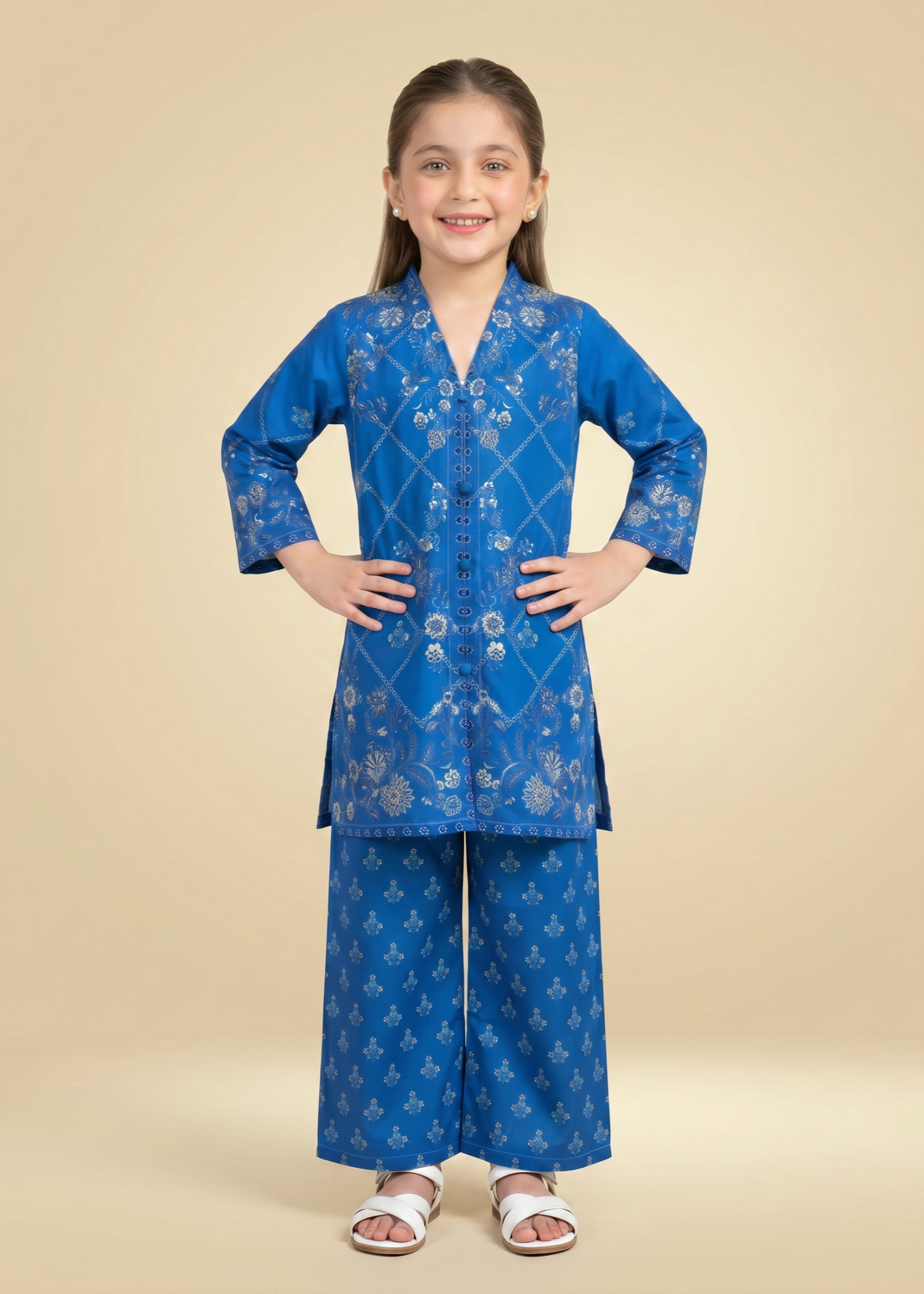 polyester crepe Kurta Set in Royal blue