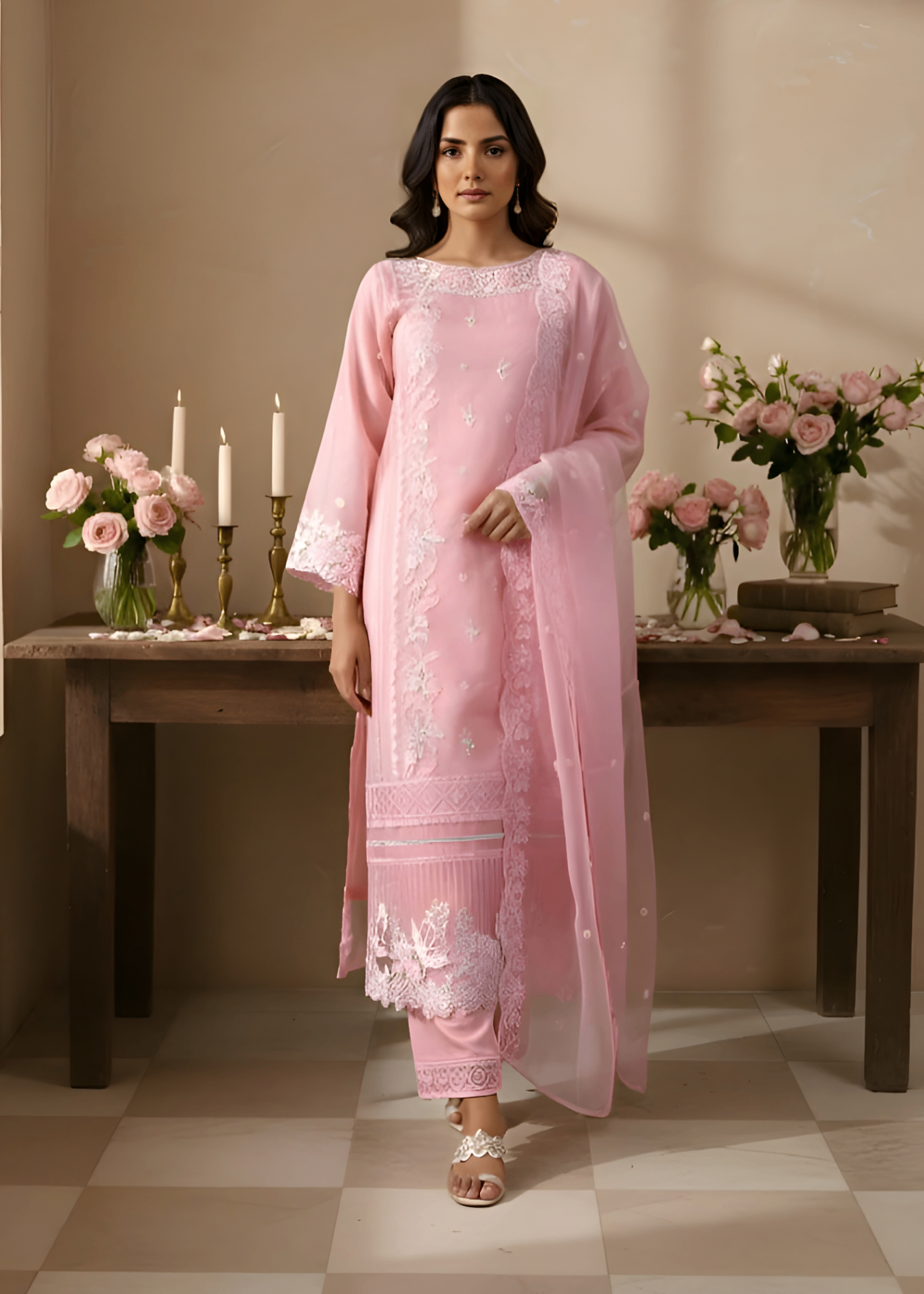 organza Kurta Set in Baby pink