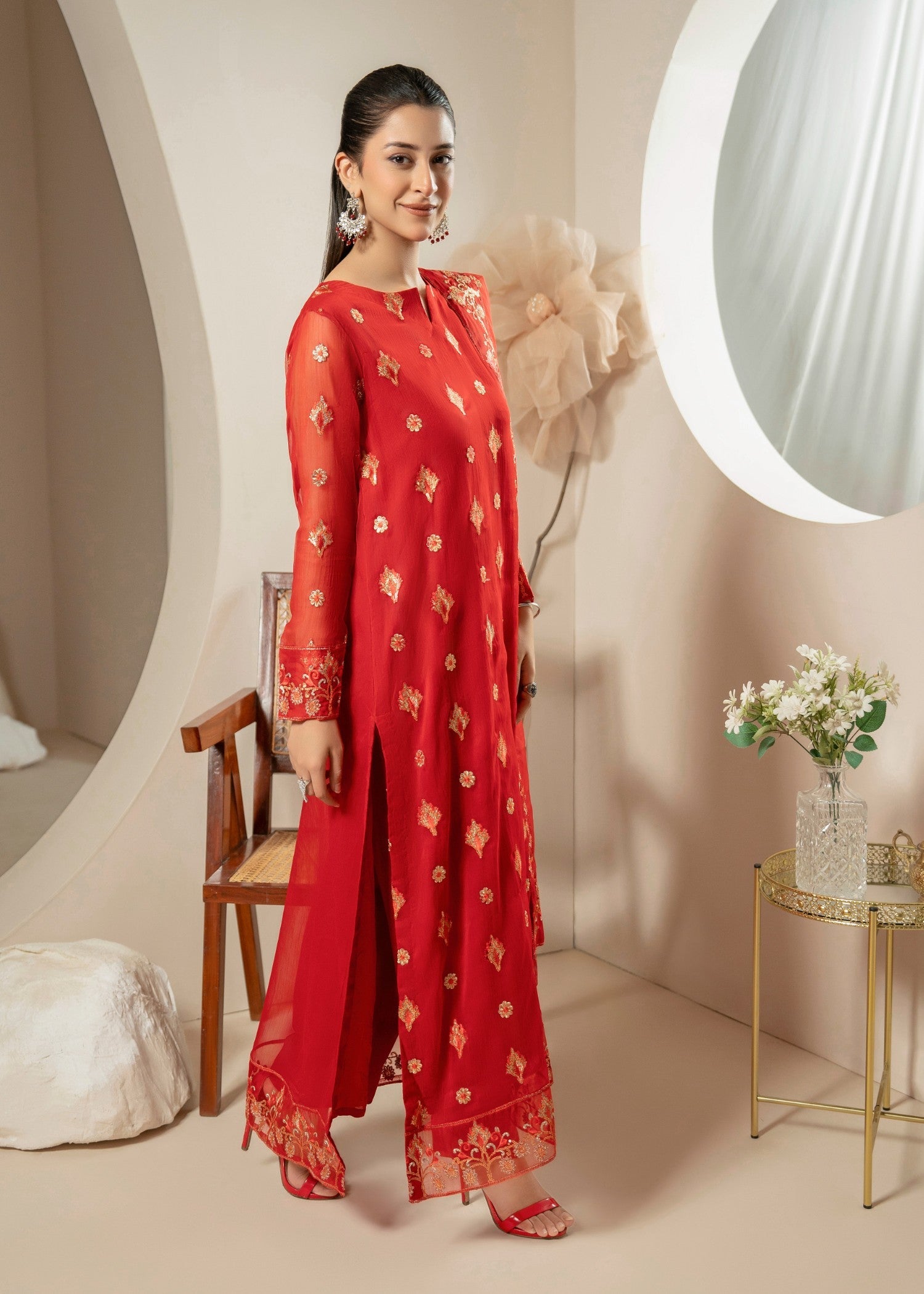 chiffon Kurta Set in Tomato red