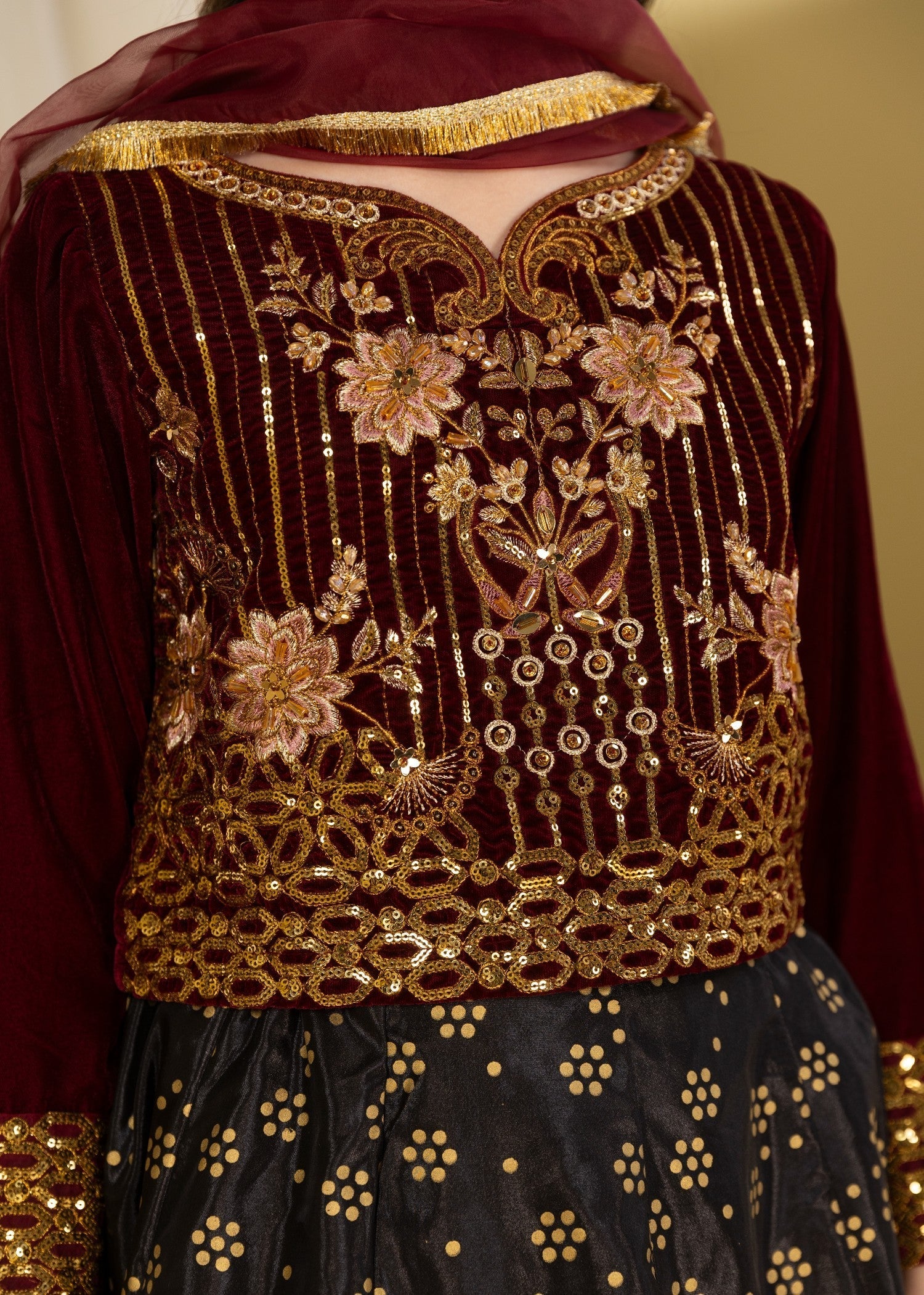 velvet Lehenga in Maroon, black