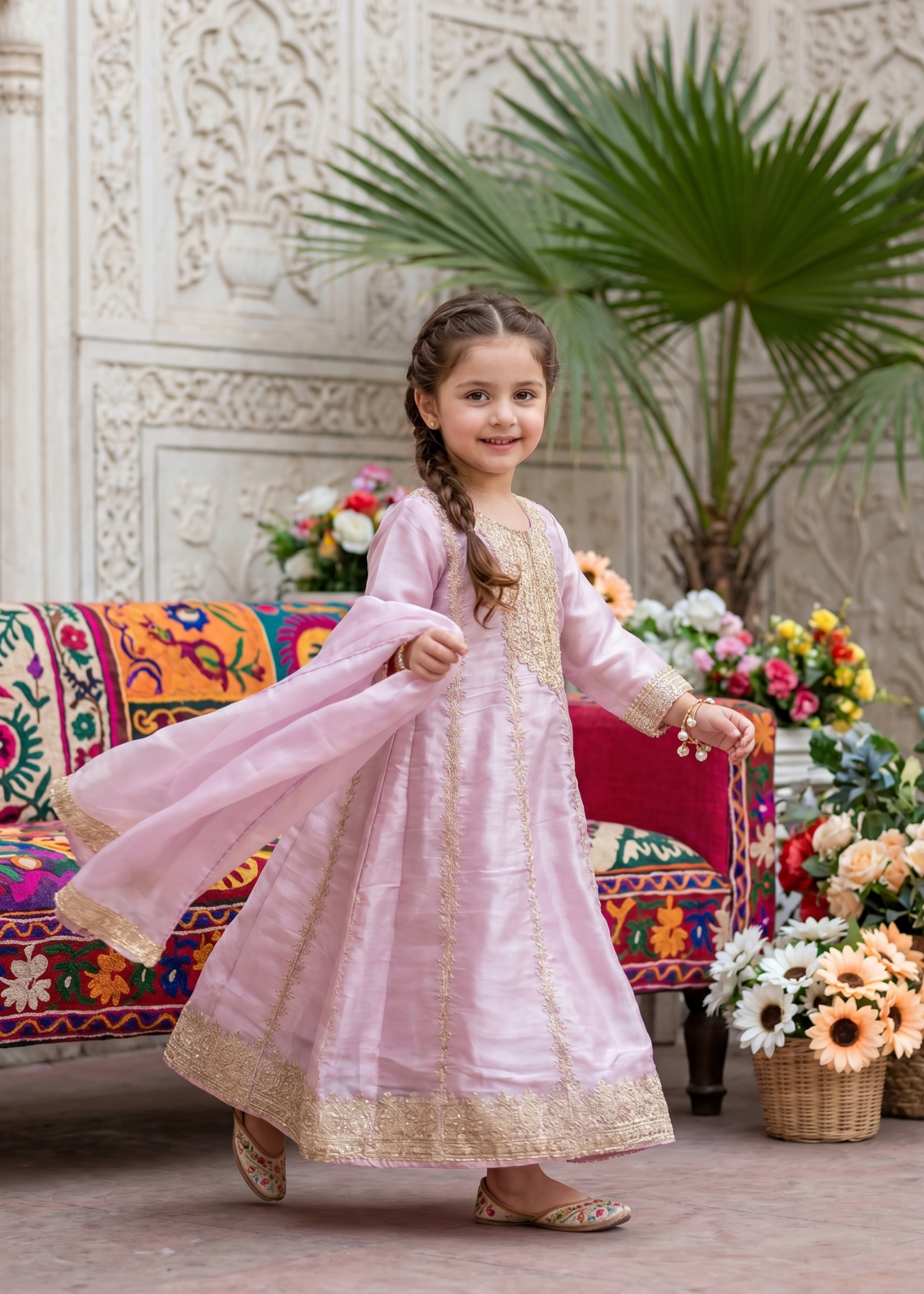 tissue silk Pishwas in Pink lace