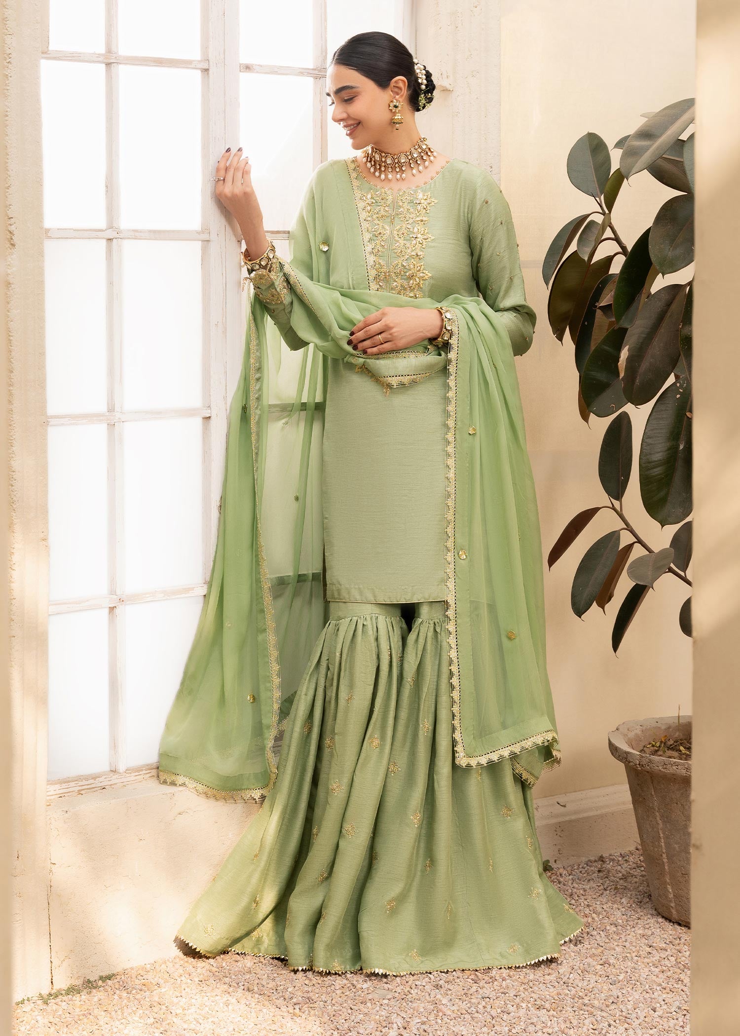 khaddi silk Gharara in Green