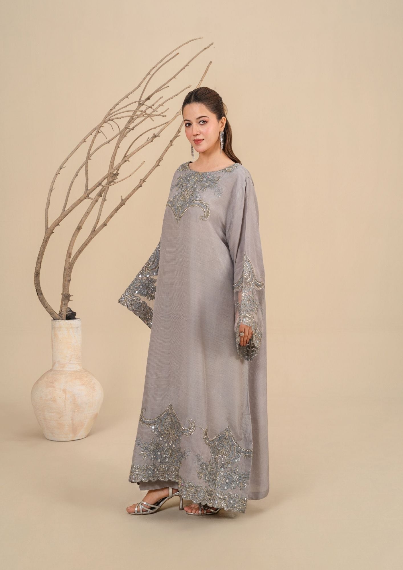 viscose raw silk Kurta Set in Dark grey