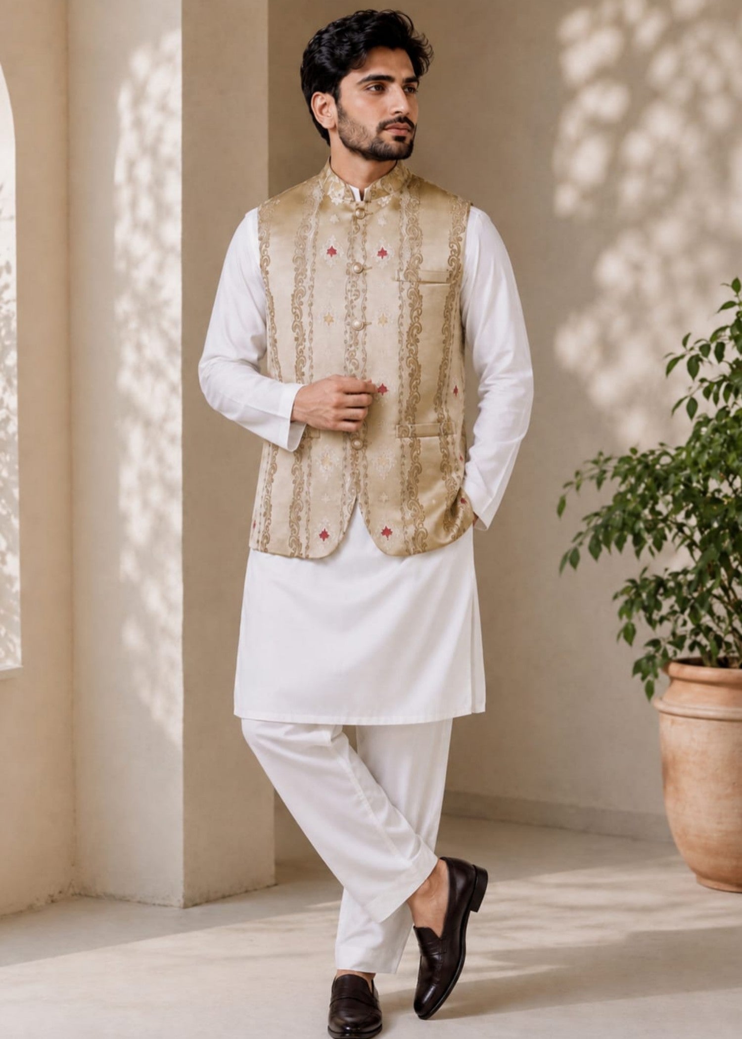 satin polyester jacquard Waistcoat in Cream