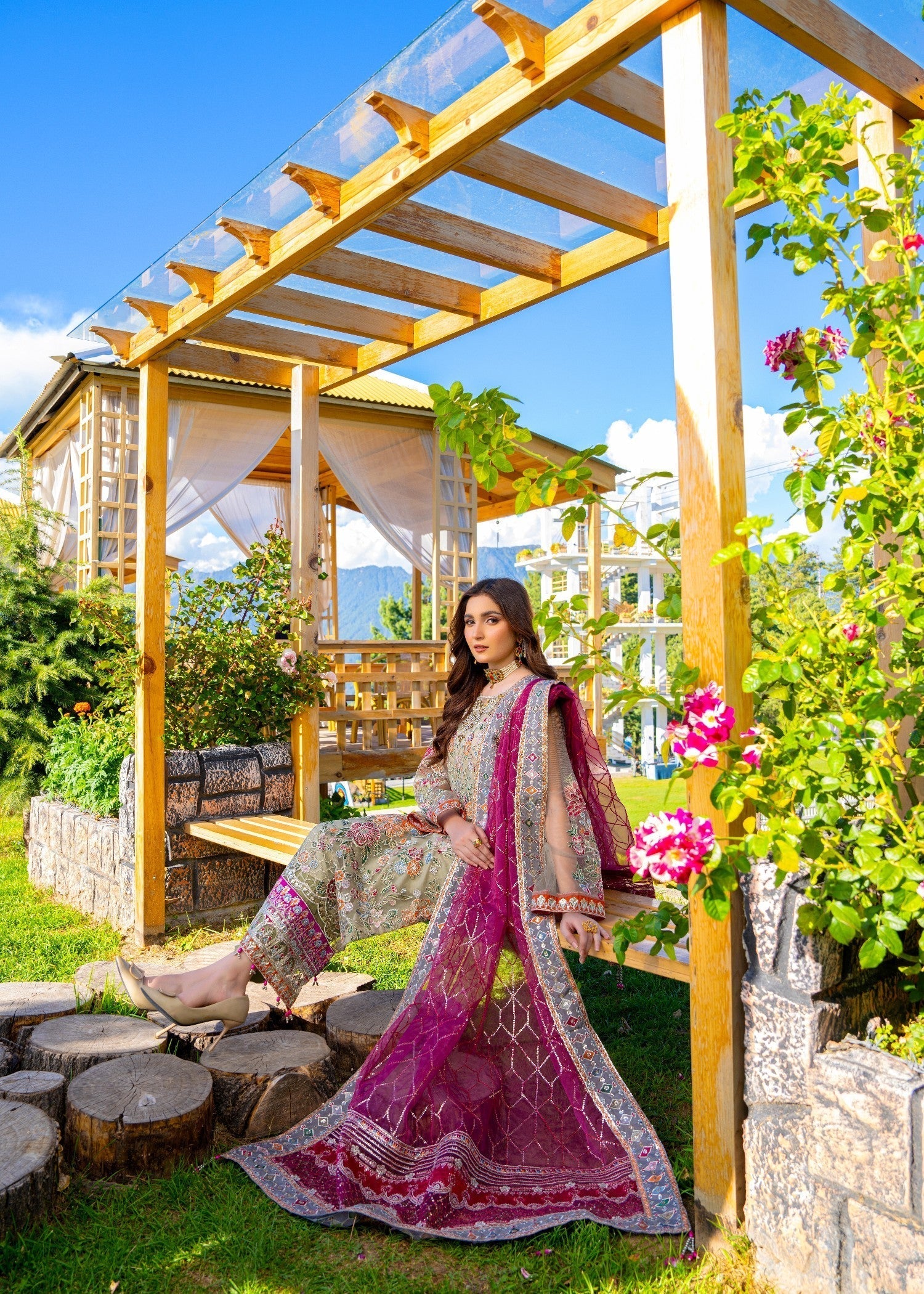 net Kurta Set in Sage green