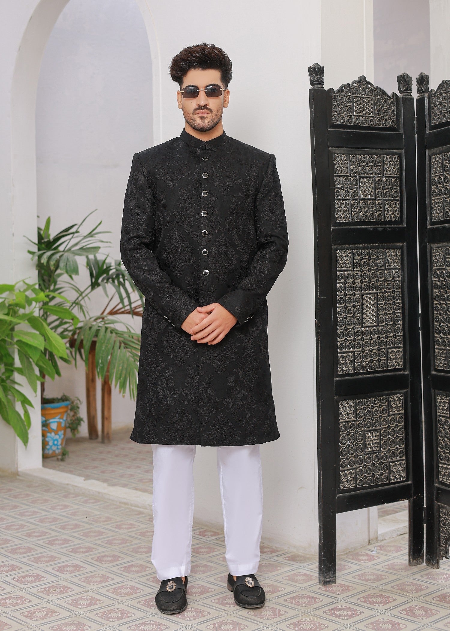 indian raw silk Sherwani in Black