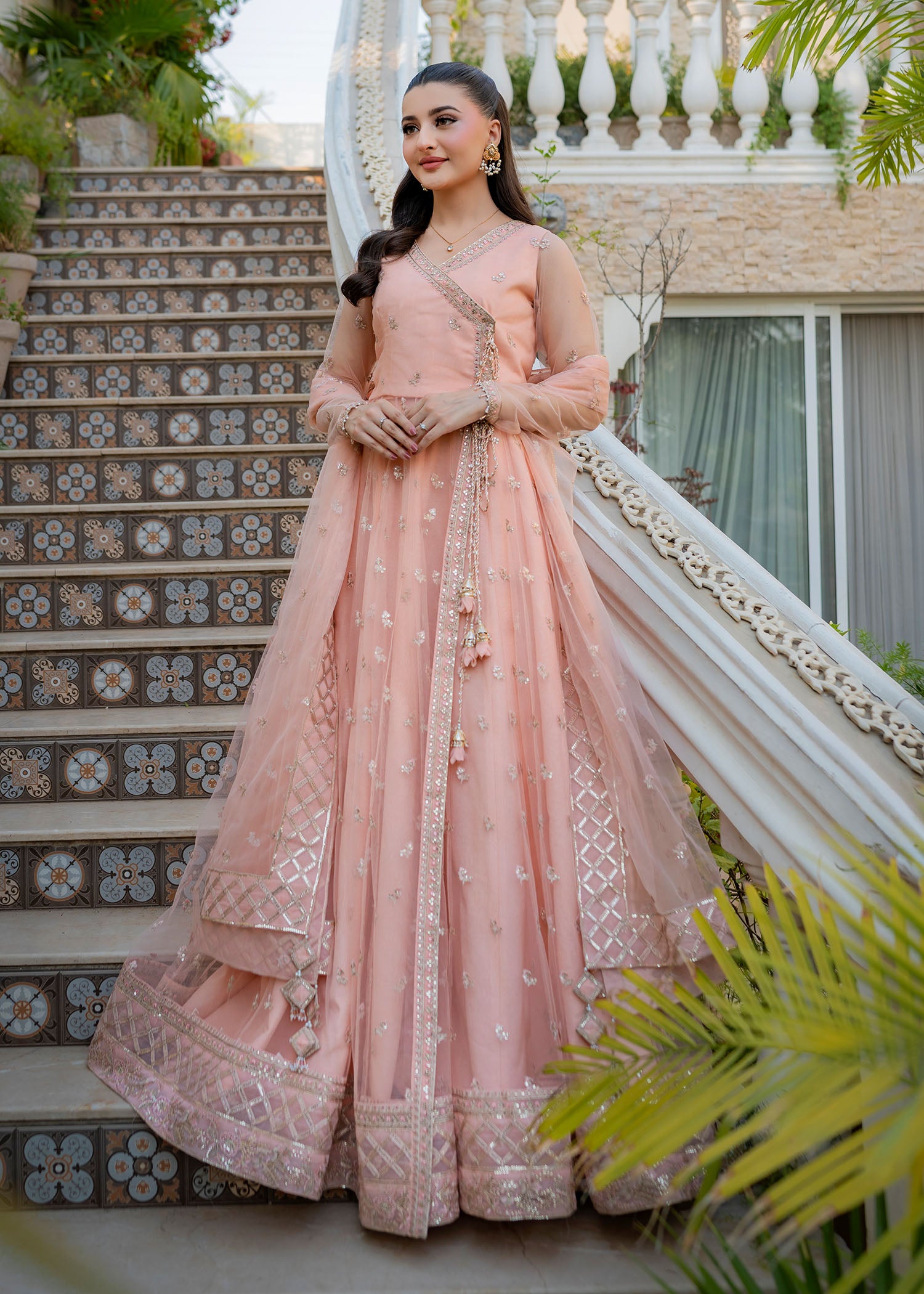 net Lehenga in Peach pink