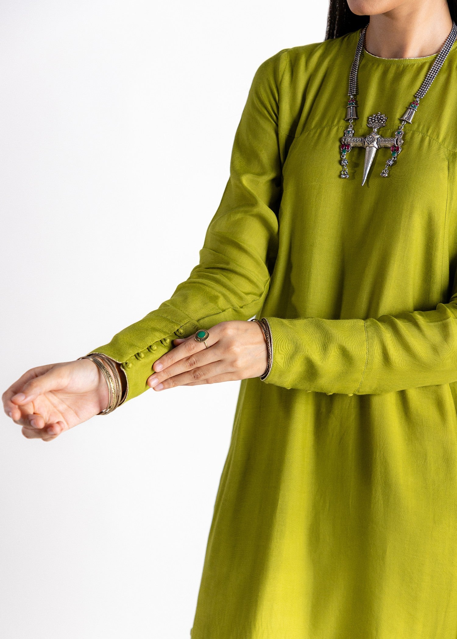 cotton silk Short Frock in Olive green