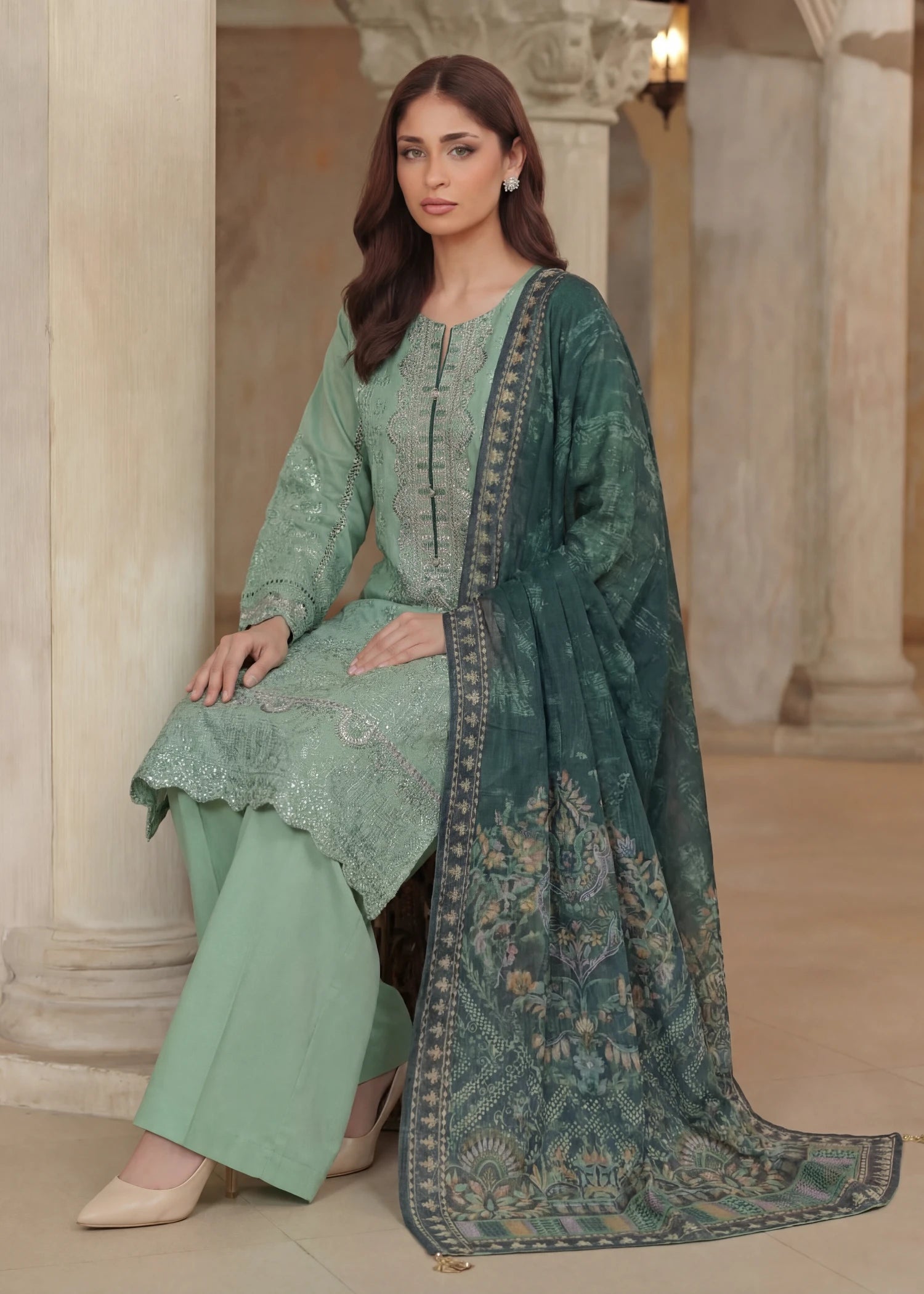 cotton net Kurta Set in Mint green