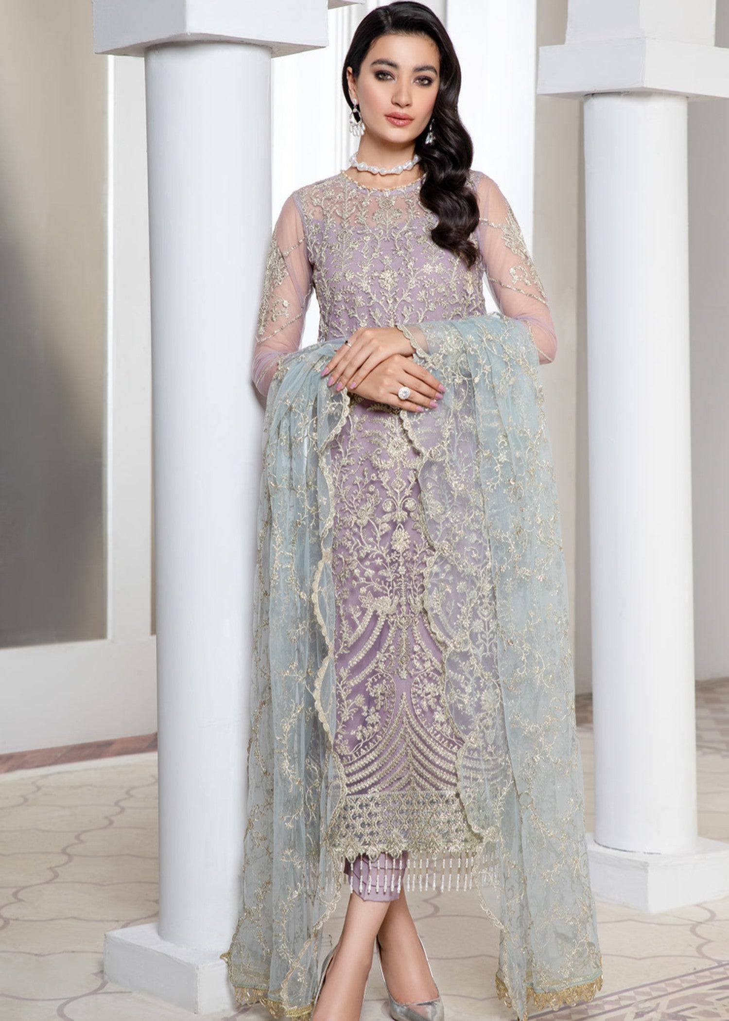 net Kurta Set in Purple ash