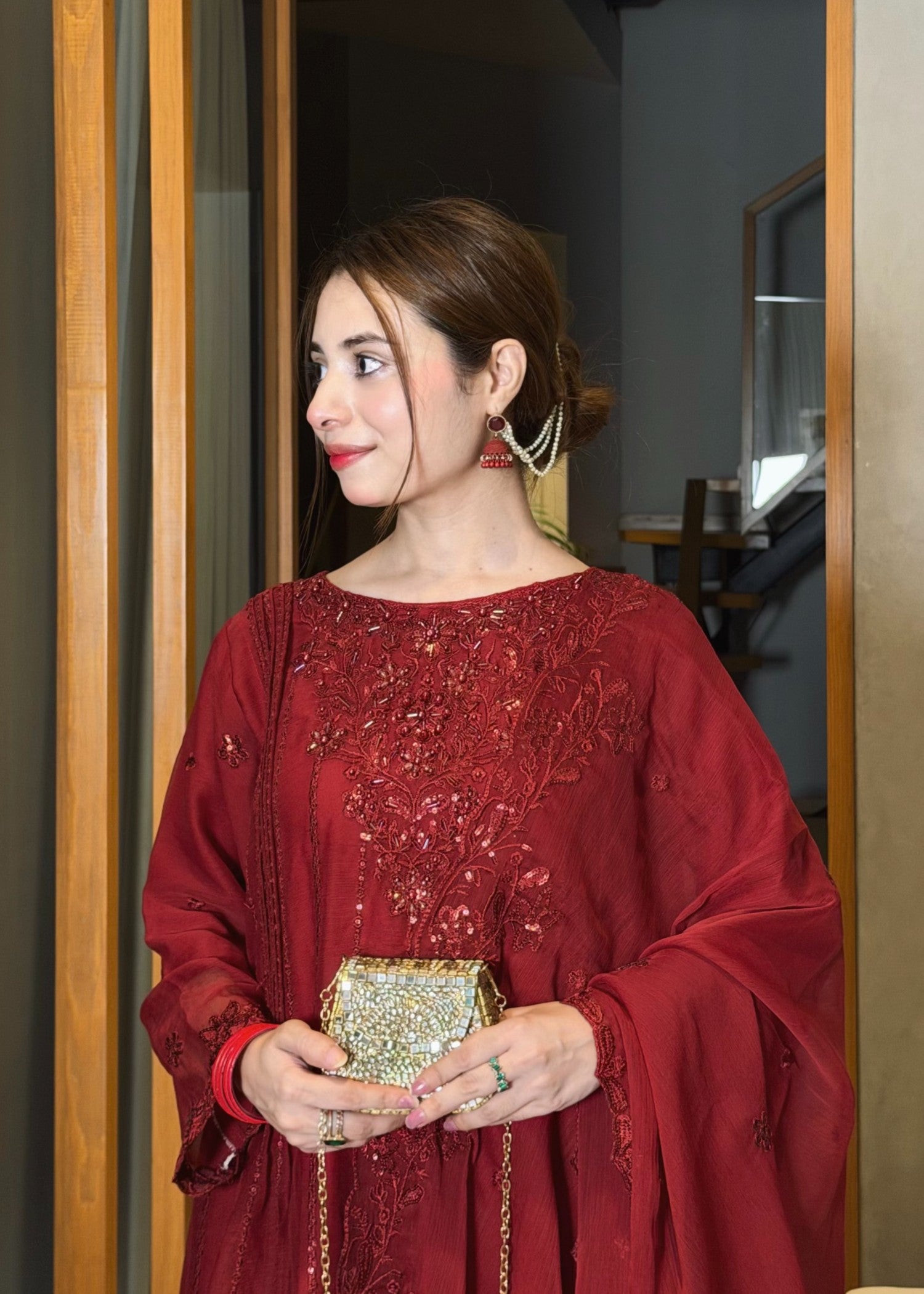 chiffon Short Frock in Maroon