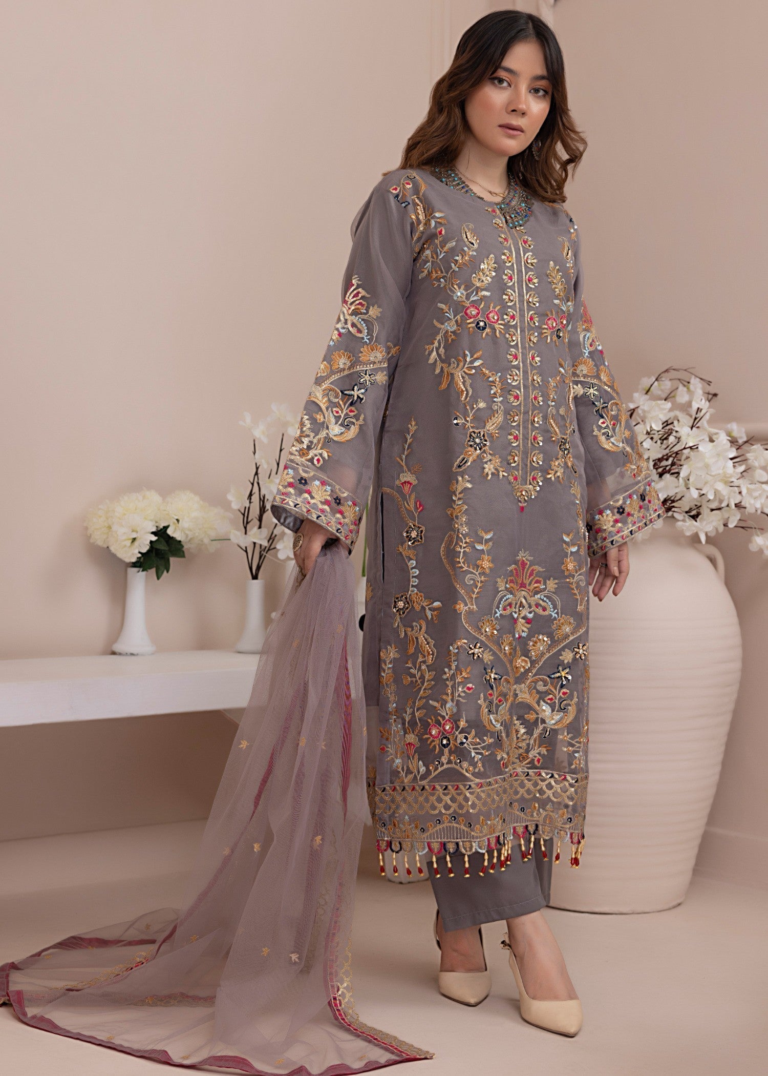 organza Kurta Set in Dark grey