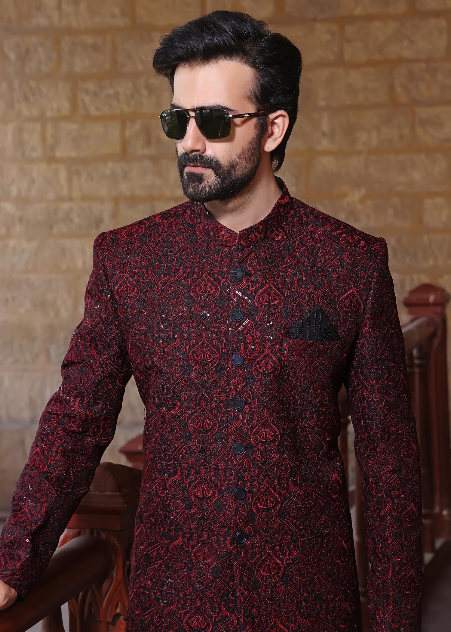 banarsi silk Sherwani in Maroon