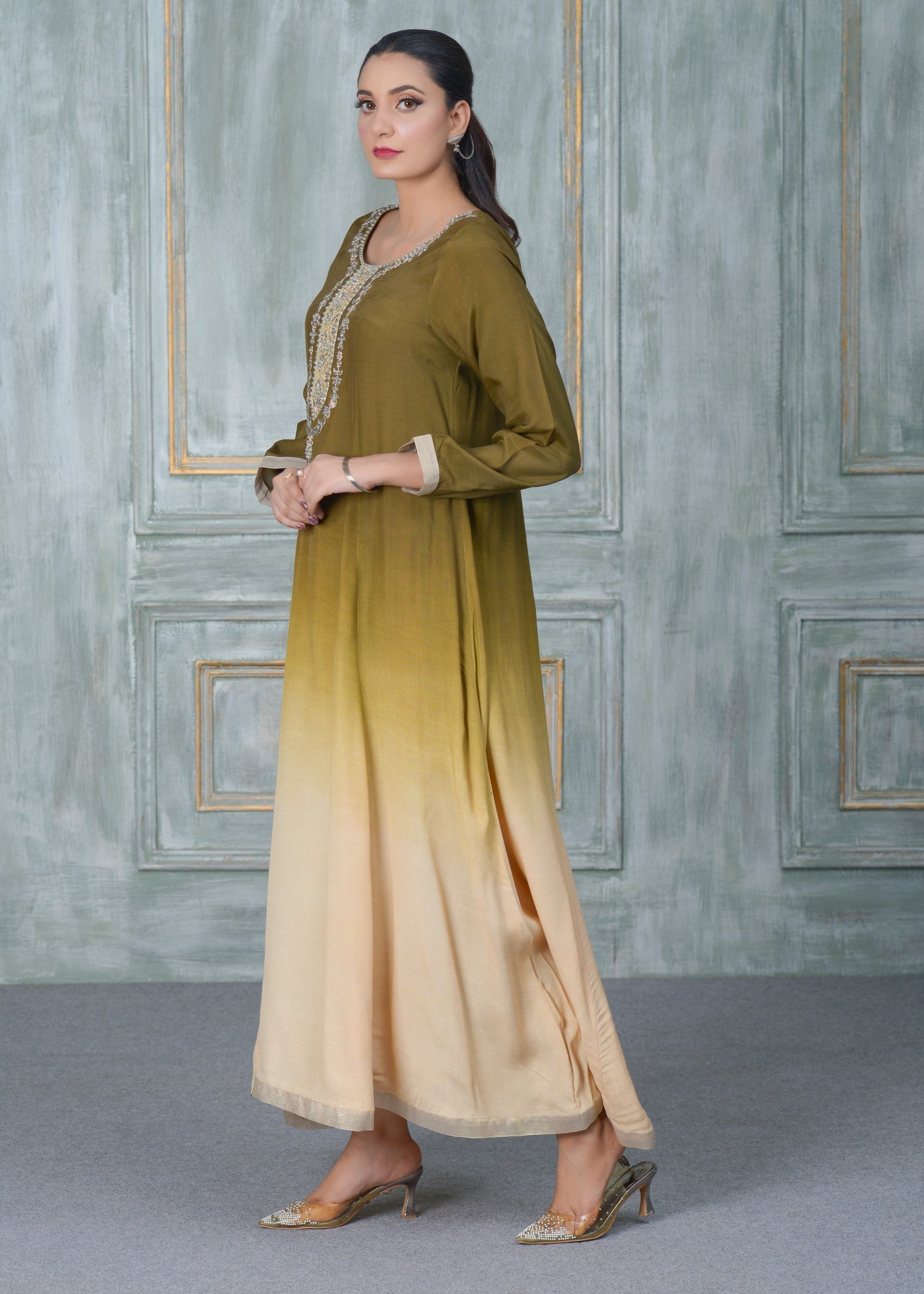raw silk Maxi in Olive green