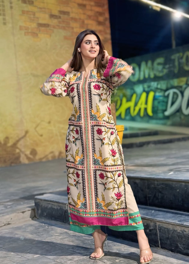 blended khaddar Kurta Set in Beige