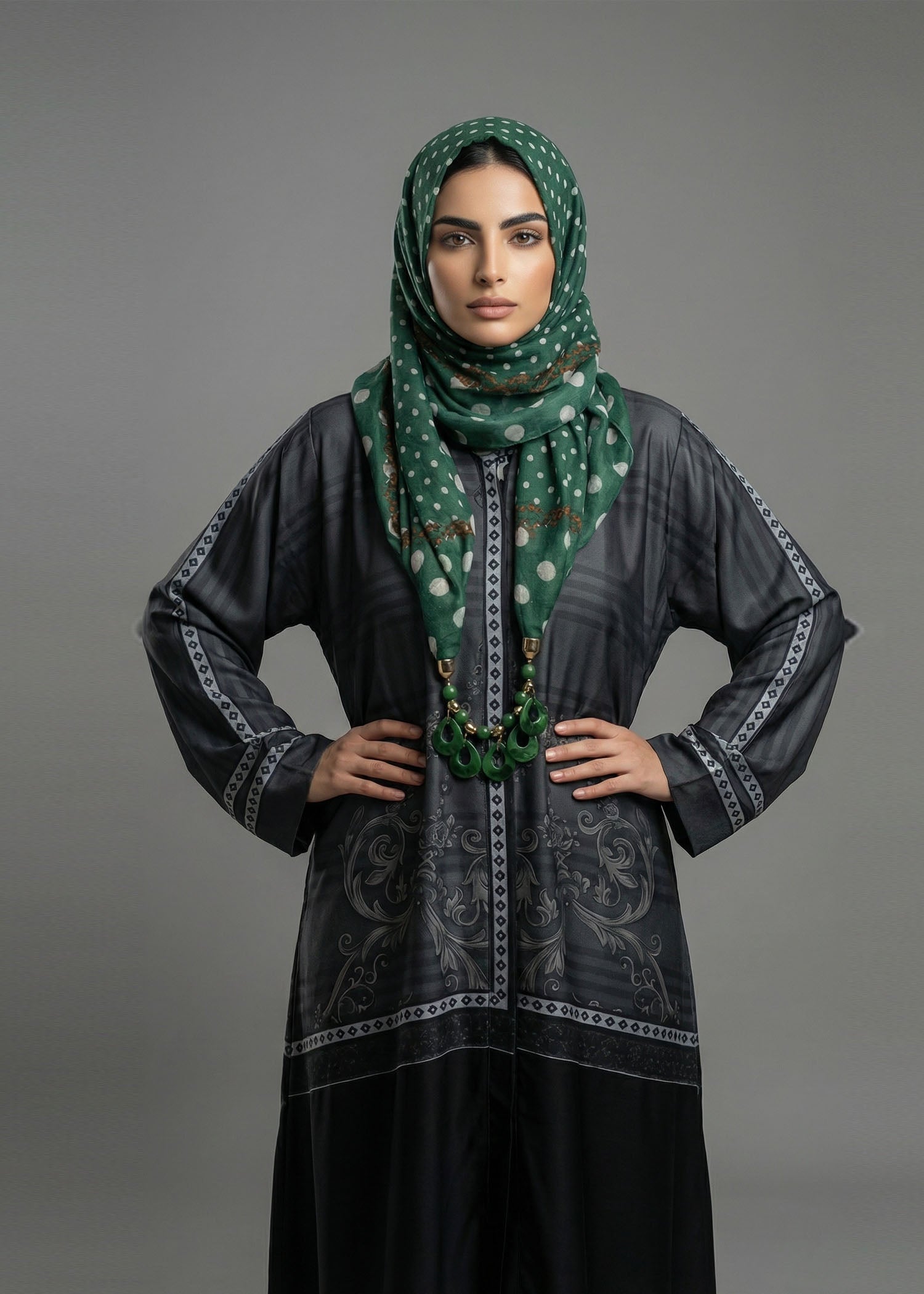 silk Abaya in Grey, black