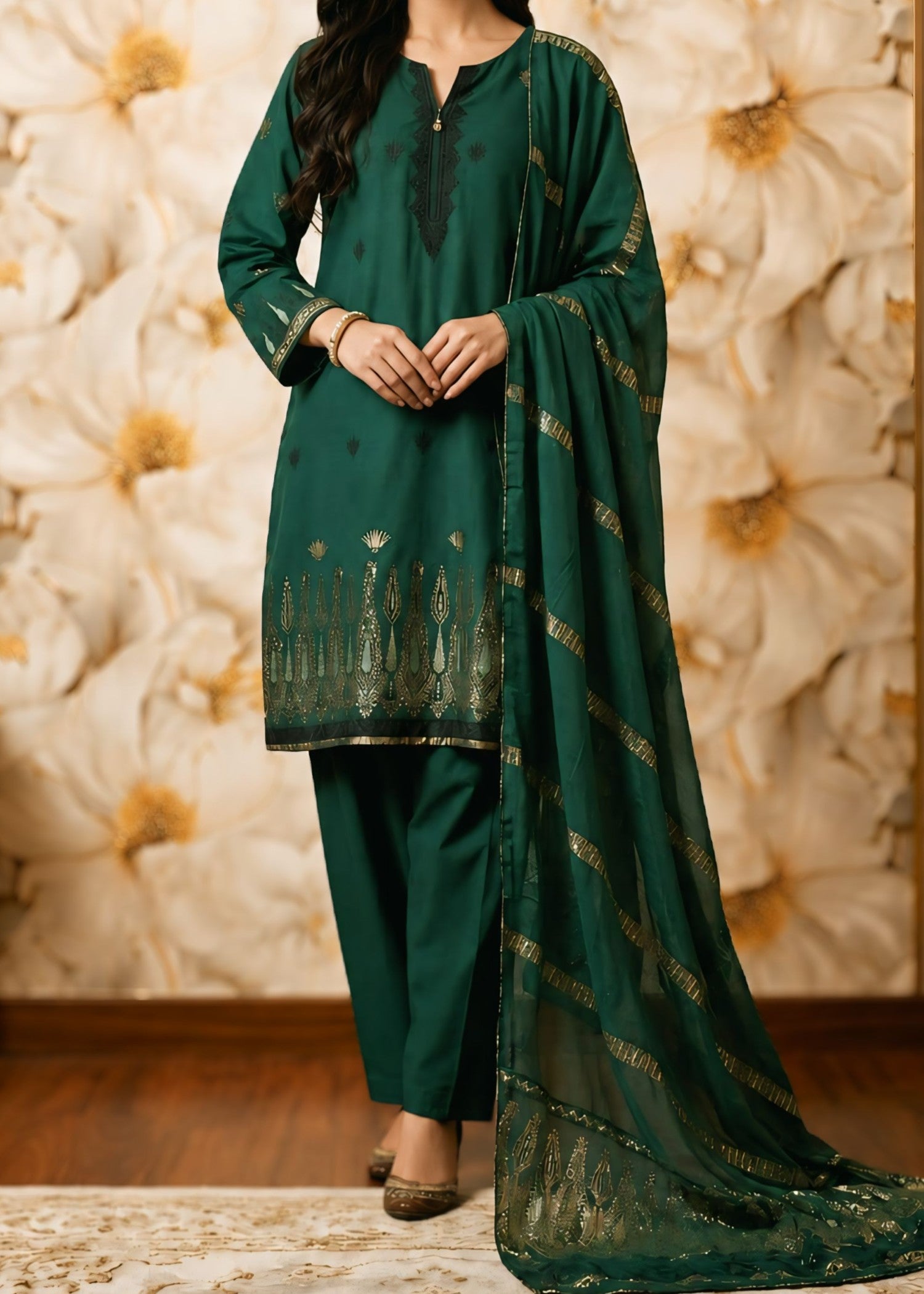 lawn Kurta Set in Blonde, bottle green
