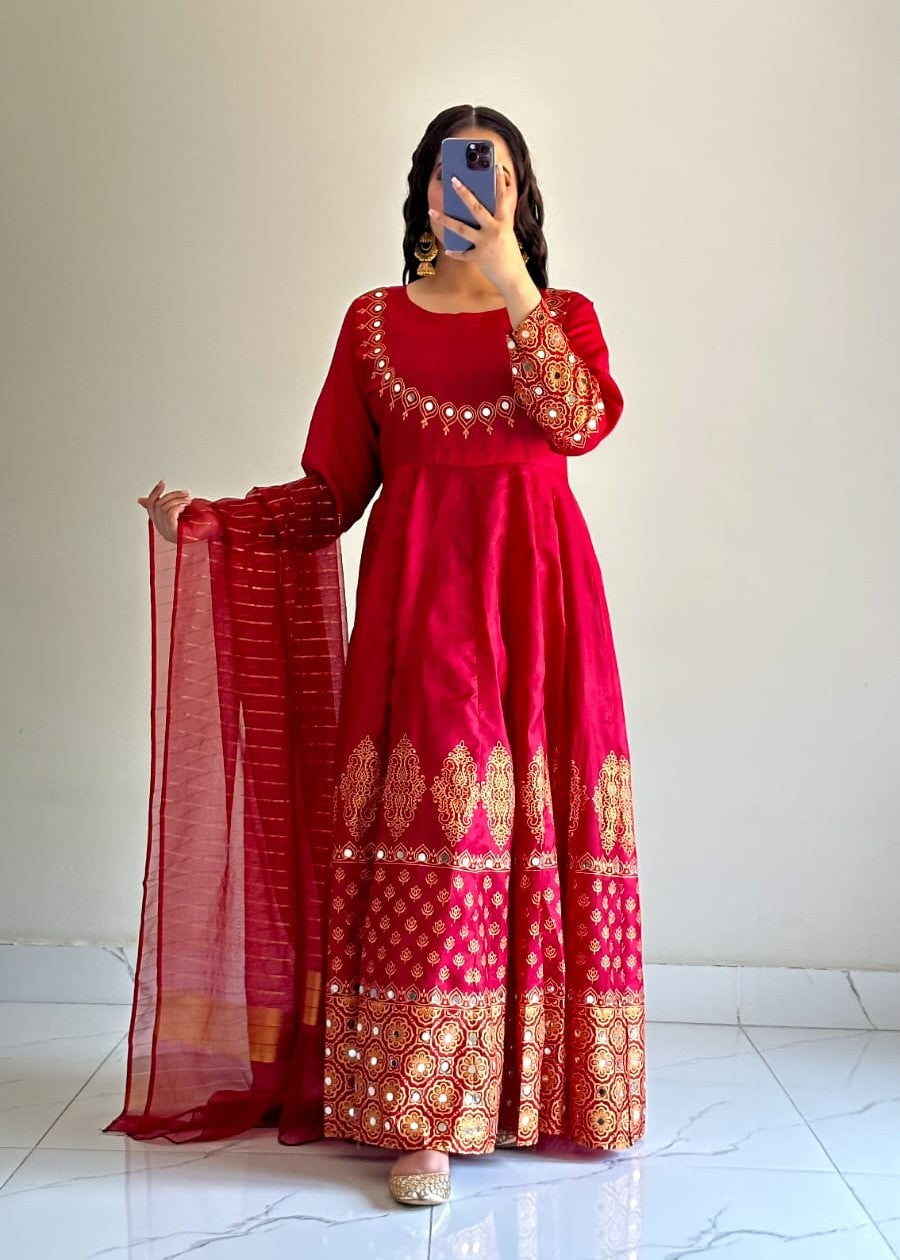 cotton satin Anarkali in Maroon