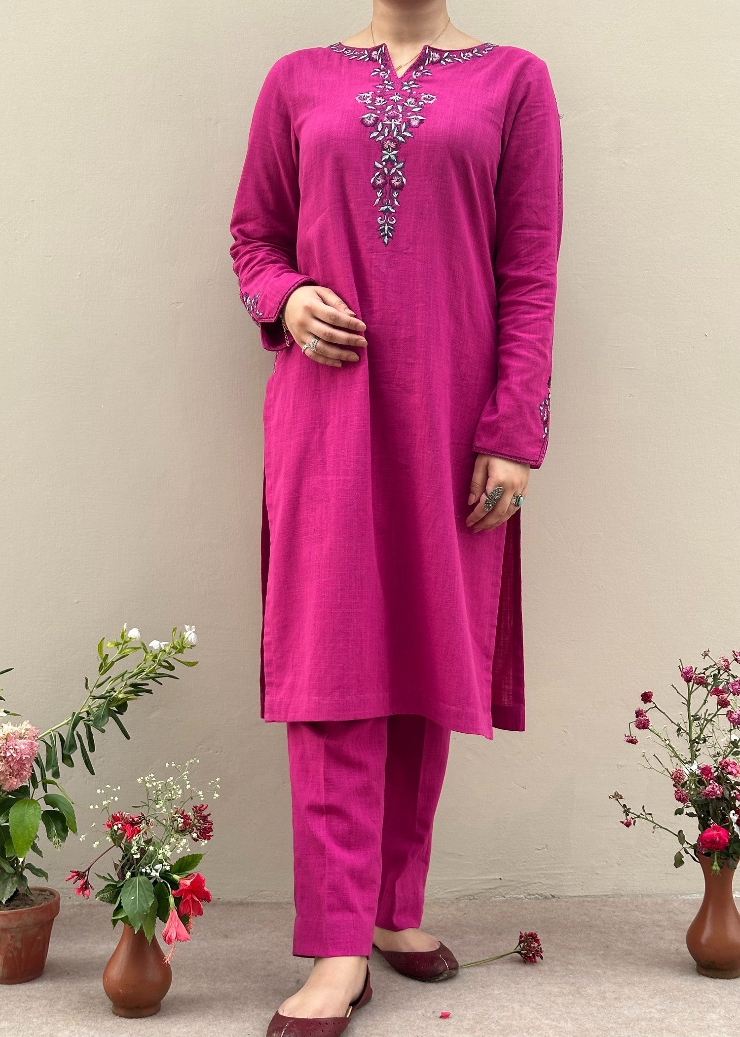 slub cambric Kurta Set in Magenta