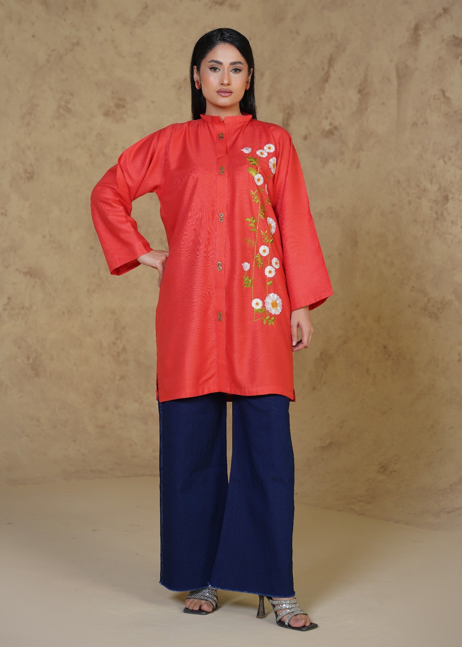 linen Kurti in Coral red