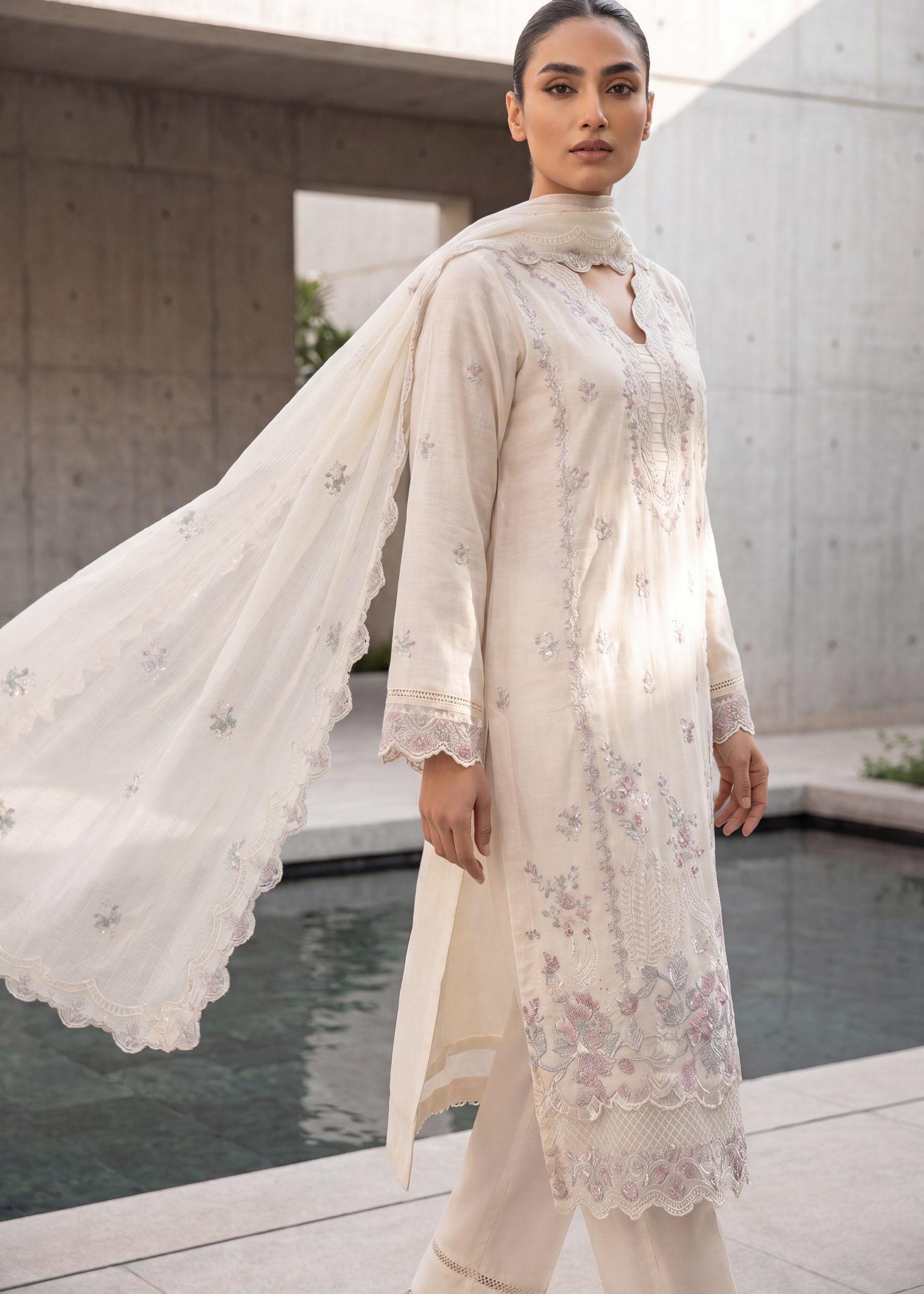 slub lawn Kurta Set in Ivory