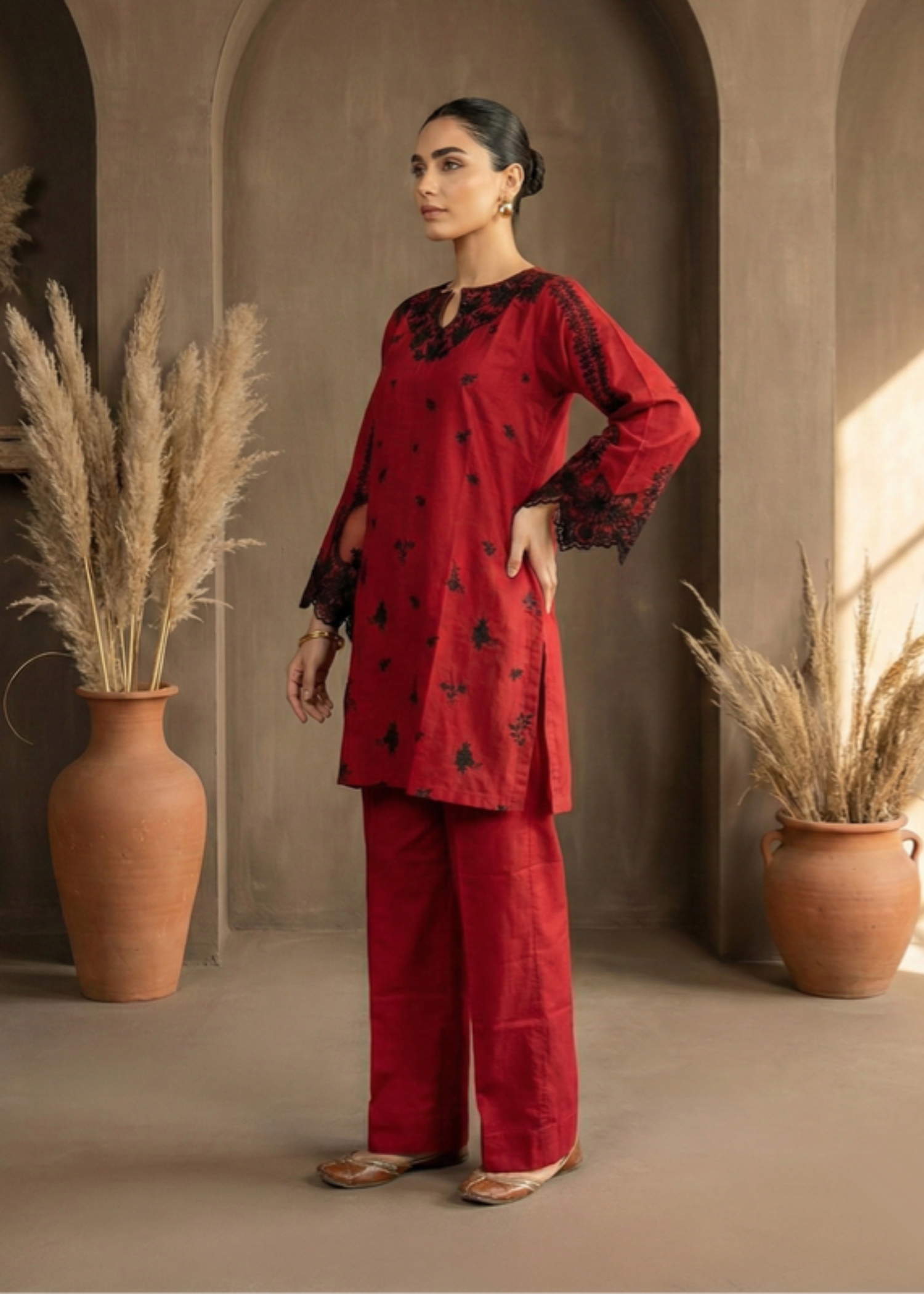 cotton dobby Kurta Set in Blood red